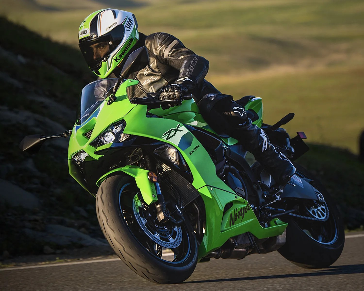 Rider in black leather gear on a bright green Kawasaki Ninja ZX-6R sport motorcycle leaning into a turn on a road.