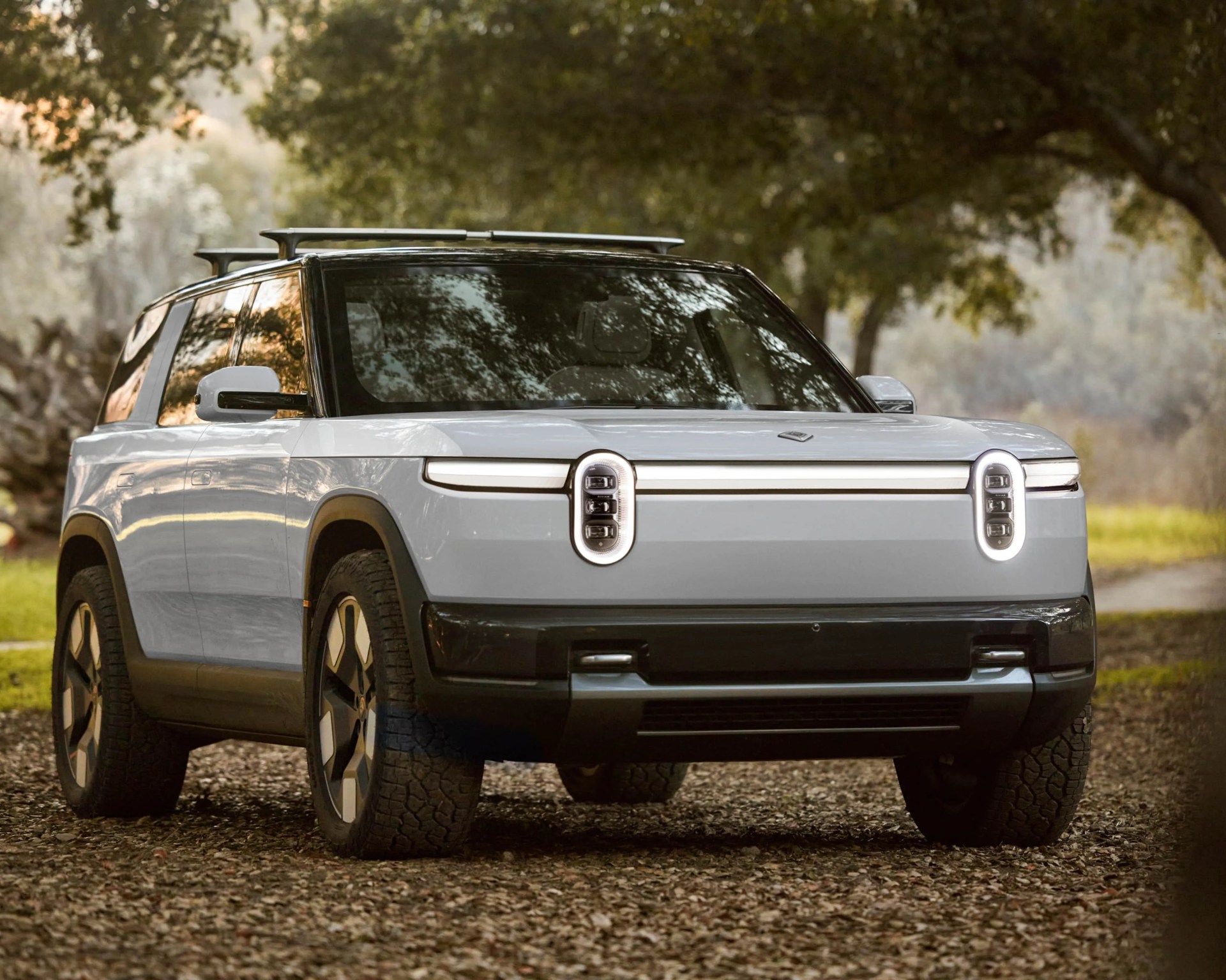 White electric SUV with black roof and vertical oval headlights parked on gravel under trees.