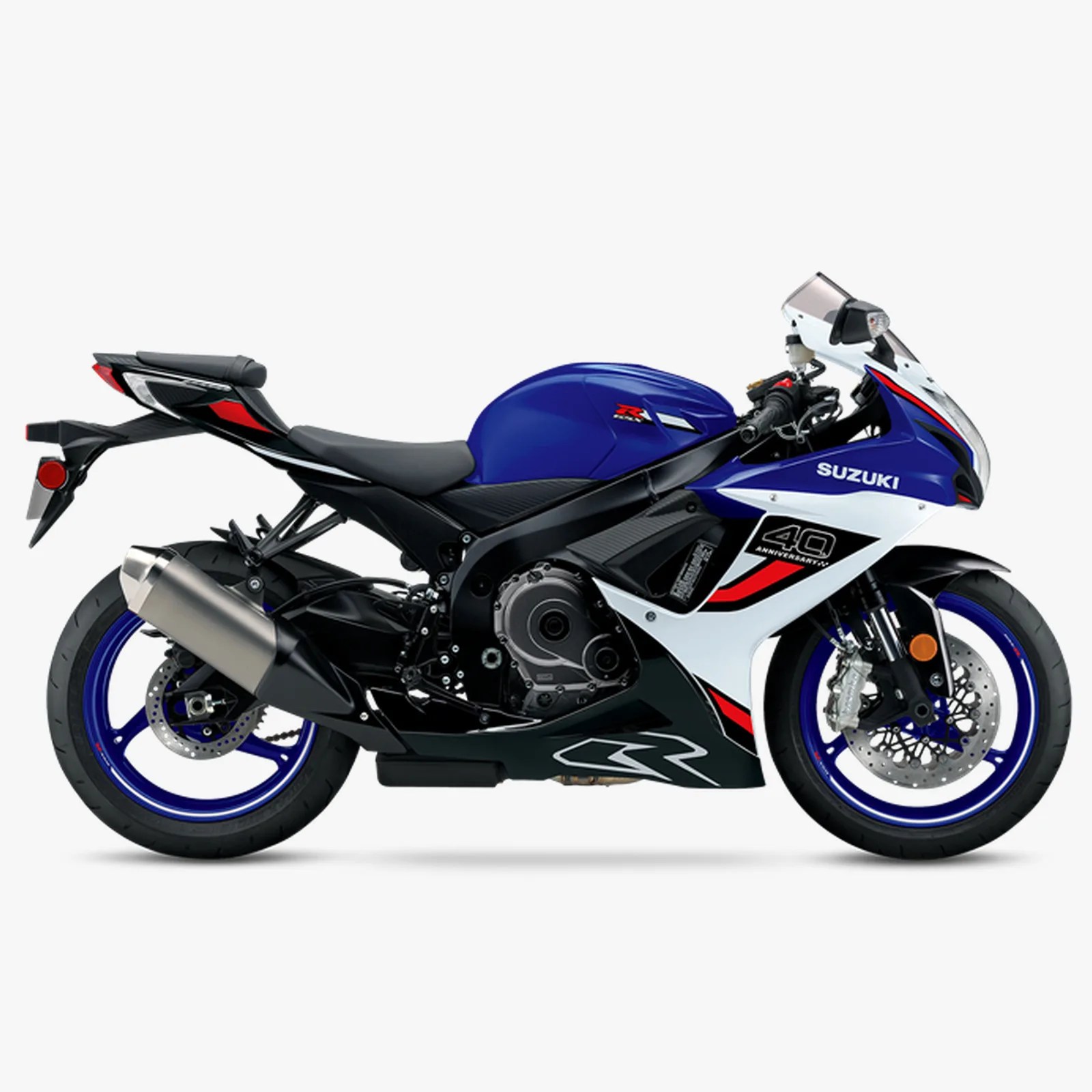 Blue, white, and black Suzuki sport motorcycle with "40 Anniversary" decal and blue rims.