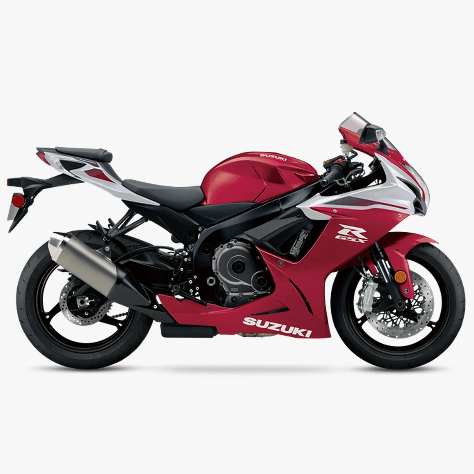 Red and white Suzuki GSX-R sport motorcycle with black wheels and exhaust on a white background.