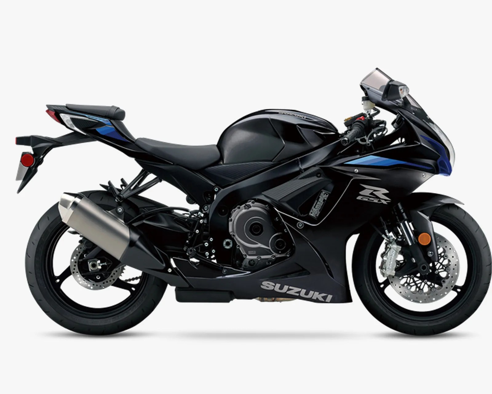 Black Suzuki GSX-R sport motorcycle with blue accents and silver exhaust pipe on a white background.