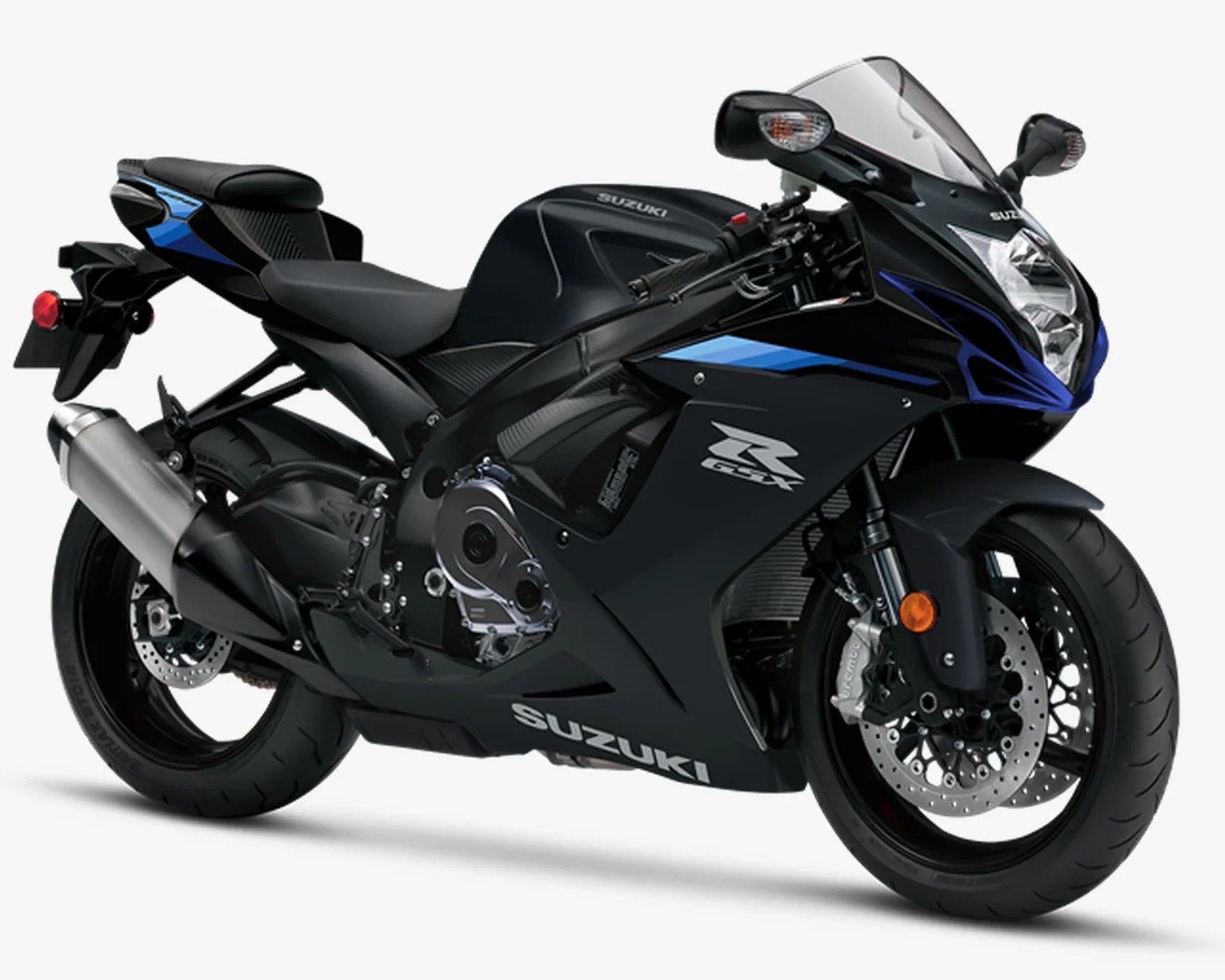 Black Suzuki GSX-R sport motorcycle with blue accents and silver exhaust pipe.