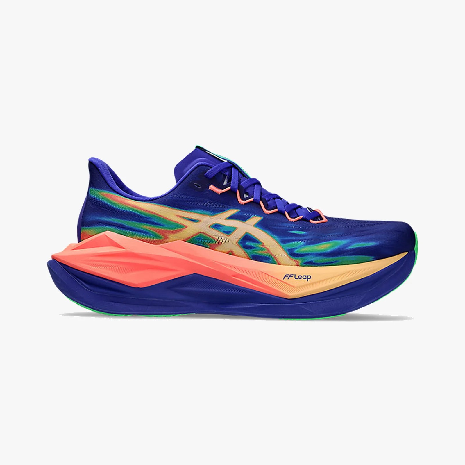 Blue and green gradient running shoe with coral and beige thick sole and "FF Leap" text on the side.