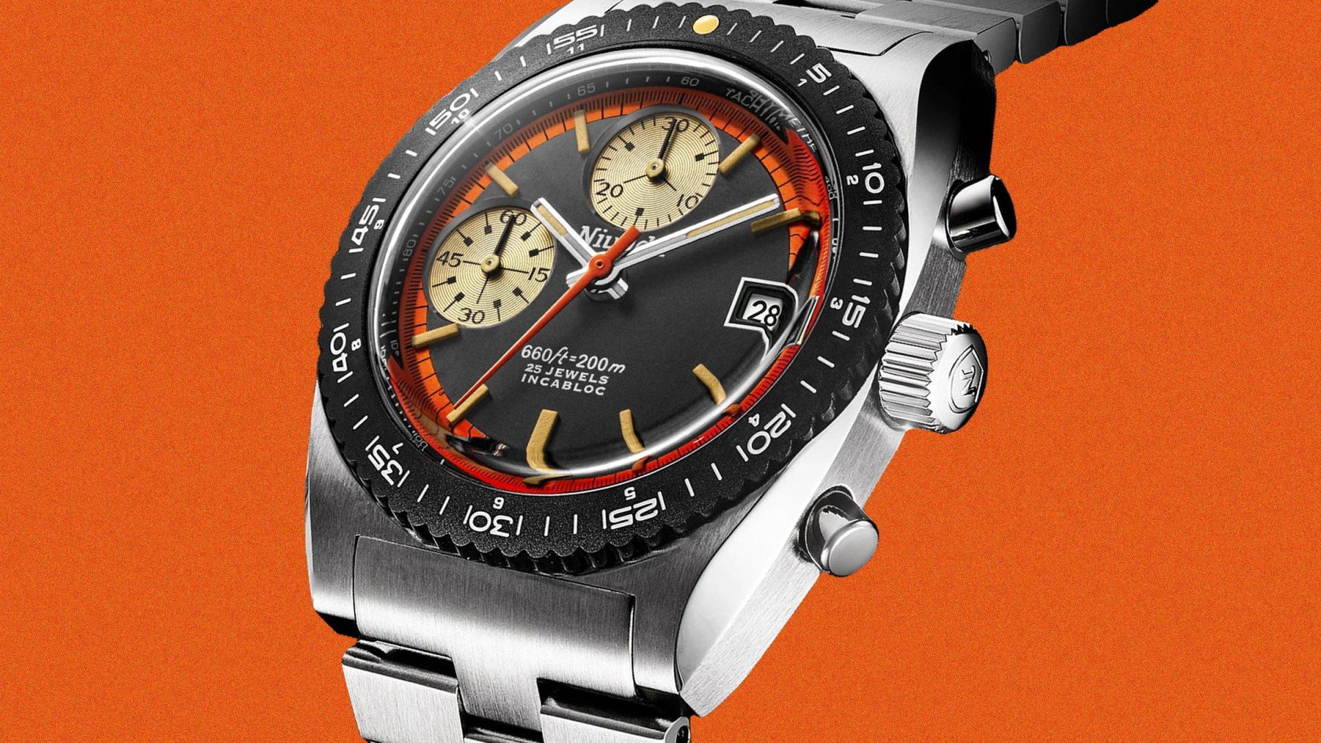 Stainless steel wristwatch with black and orange dial, two beige subdials, date window, and black bezel on orange background.