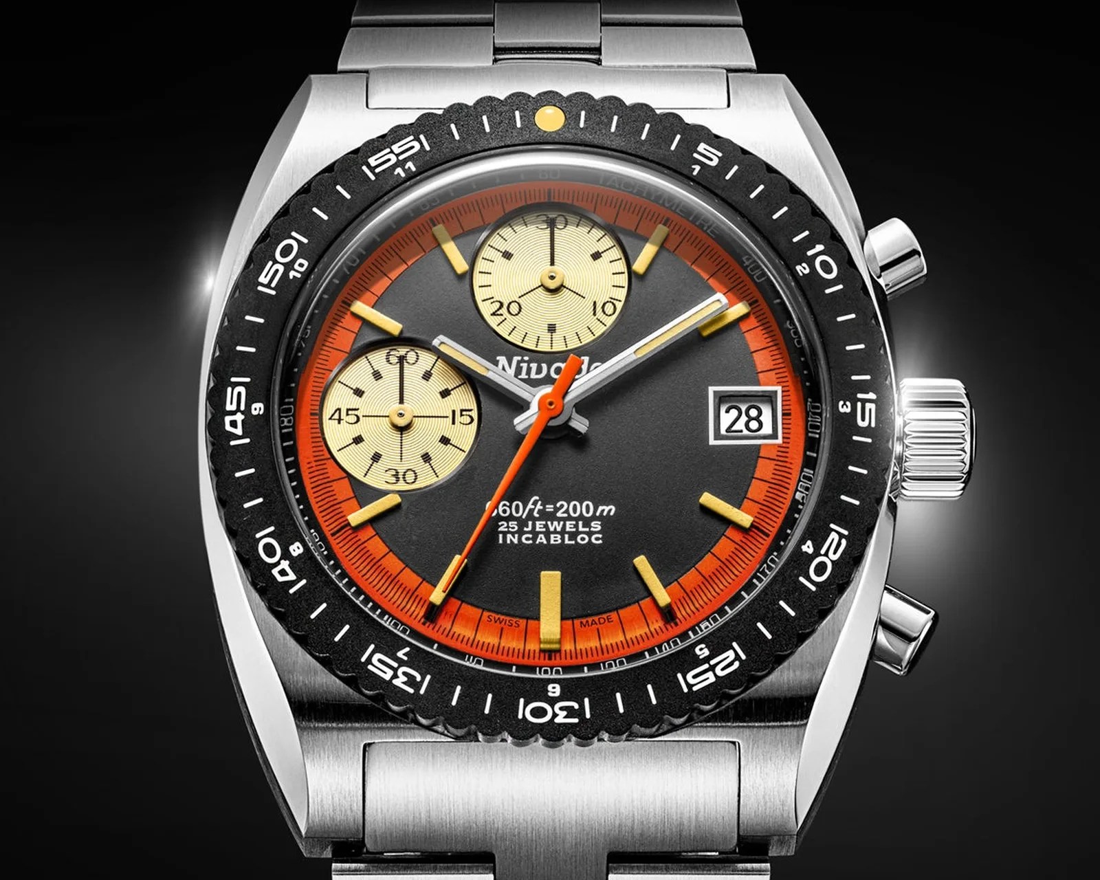 Stainless steel wristwatch with black and orange dial, yellow markers, two subdials, date window, and black bezel.