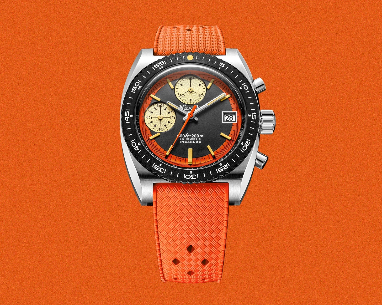 Stainless steel wristwatch with black and orange dial, two cream subdials, date window, and orange textured strap.