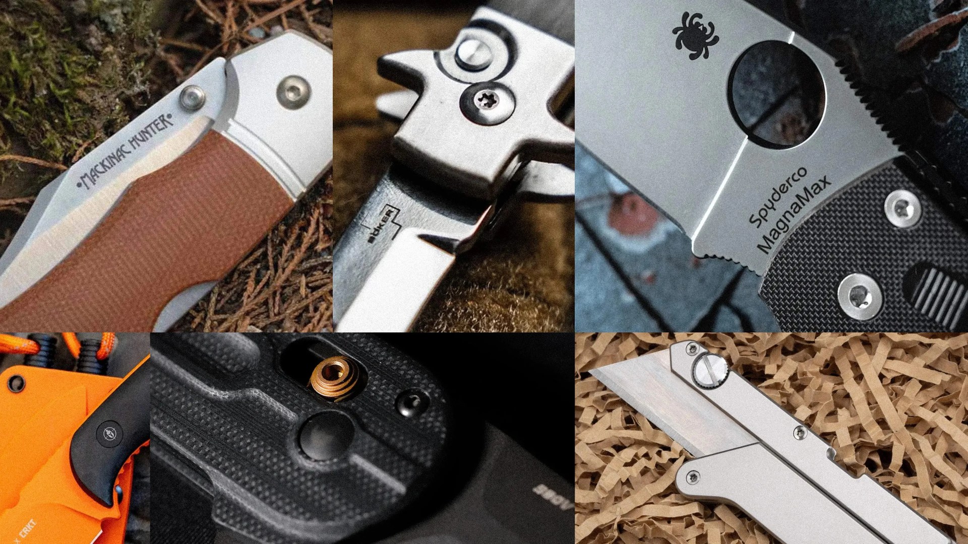 Collage of close-up shots of various knives and knife handles, including a Mackinac Hunter with a brown grip, a Spyderco MagnaMax with a black textured handle, and other knives with metal and textured grips on different backgrounds.
