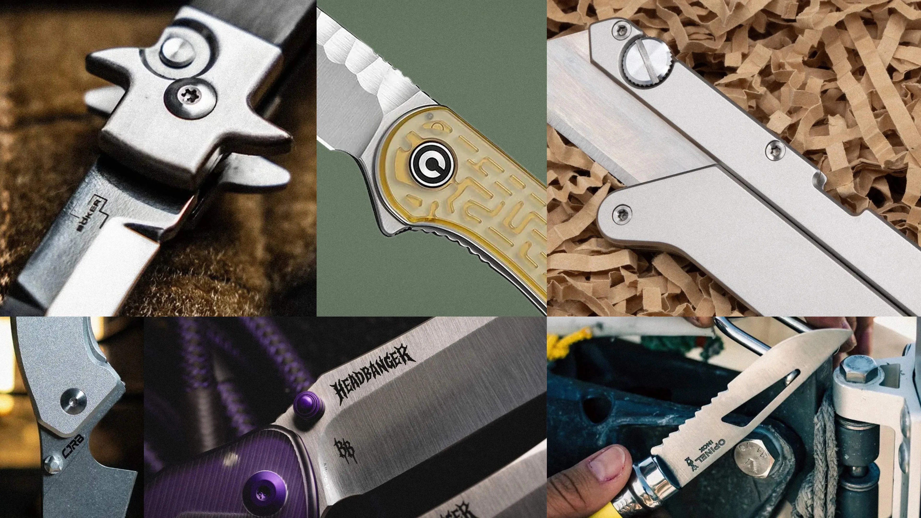 Collage of six close-up images of various folding knives showing details of blades, handles, screws, and logos.