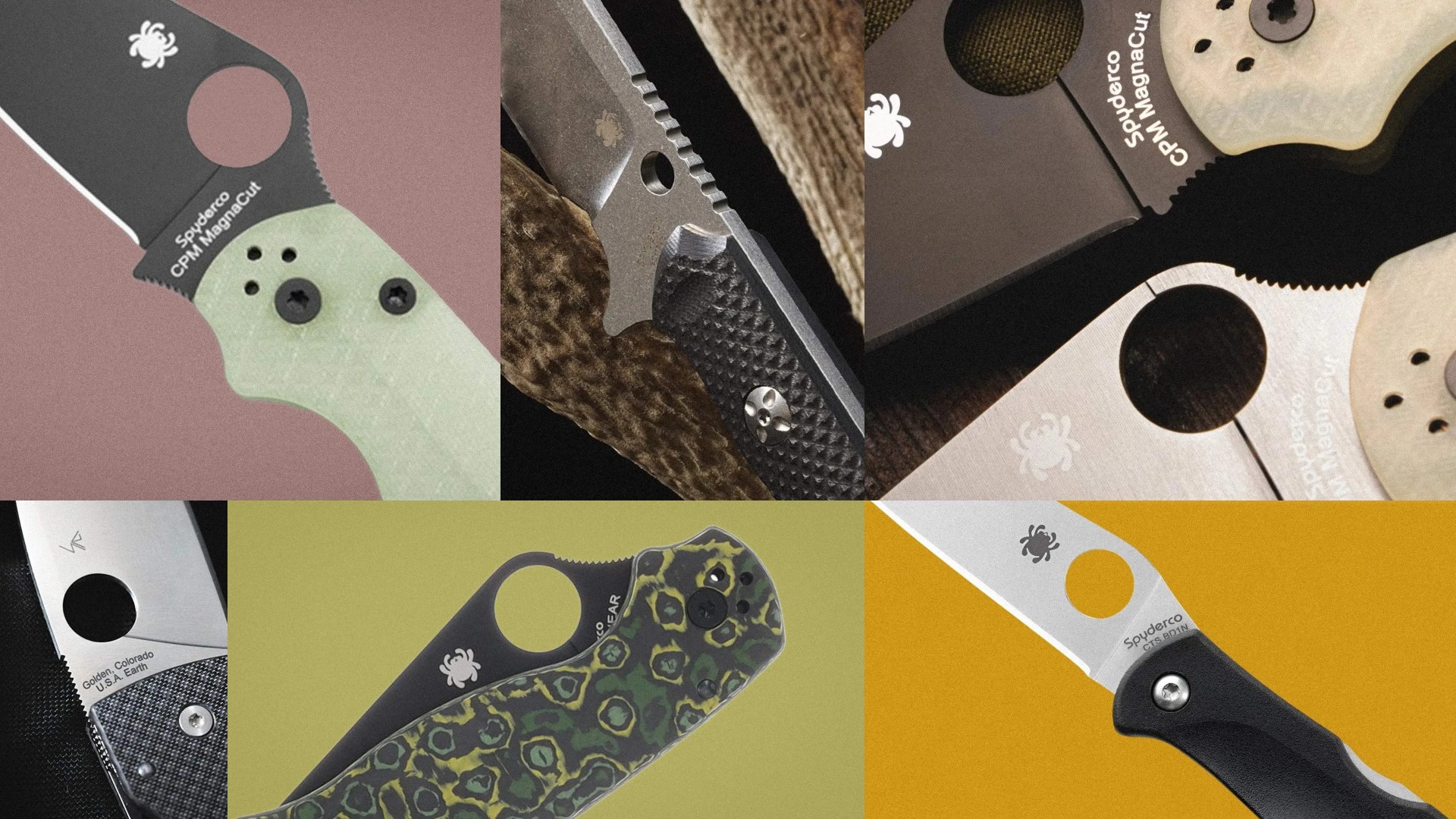 Collage of six Spyderco folding knives showing various blade finishes, handle materials, and colors including green, black, and patterned designs.