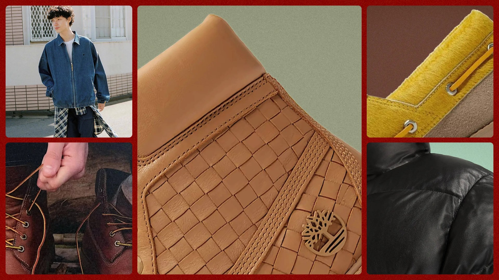 Collage of fashion items including a man in a blue denim jacket, close-ups of brown woven leather shoe, yellow suede shoe detail, brown leather boots being laced, and black leather jacket shoulder.