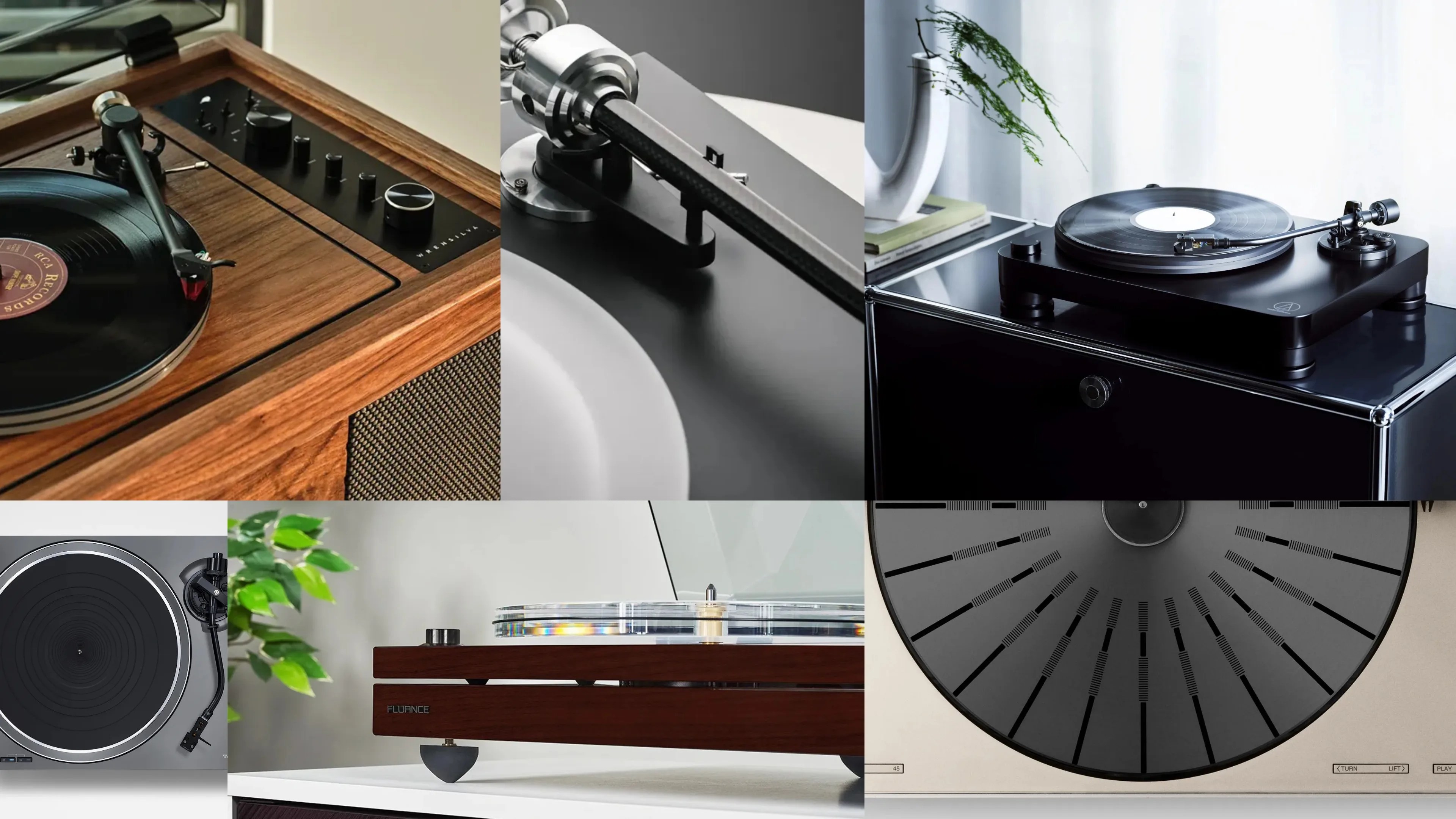 Collage of six turntables featuring wood, black, and clear acrylic designs with tonearms and vinyl records.