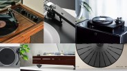 Collage of six turntables featuring wood, black, and clear acrylic designs with tonearms and vinyl records.