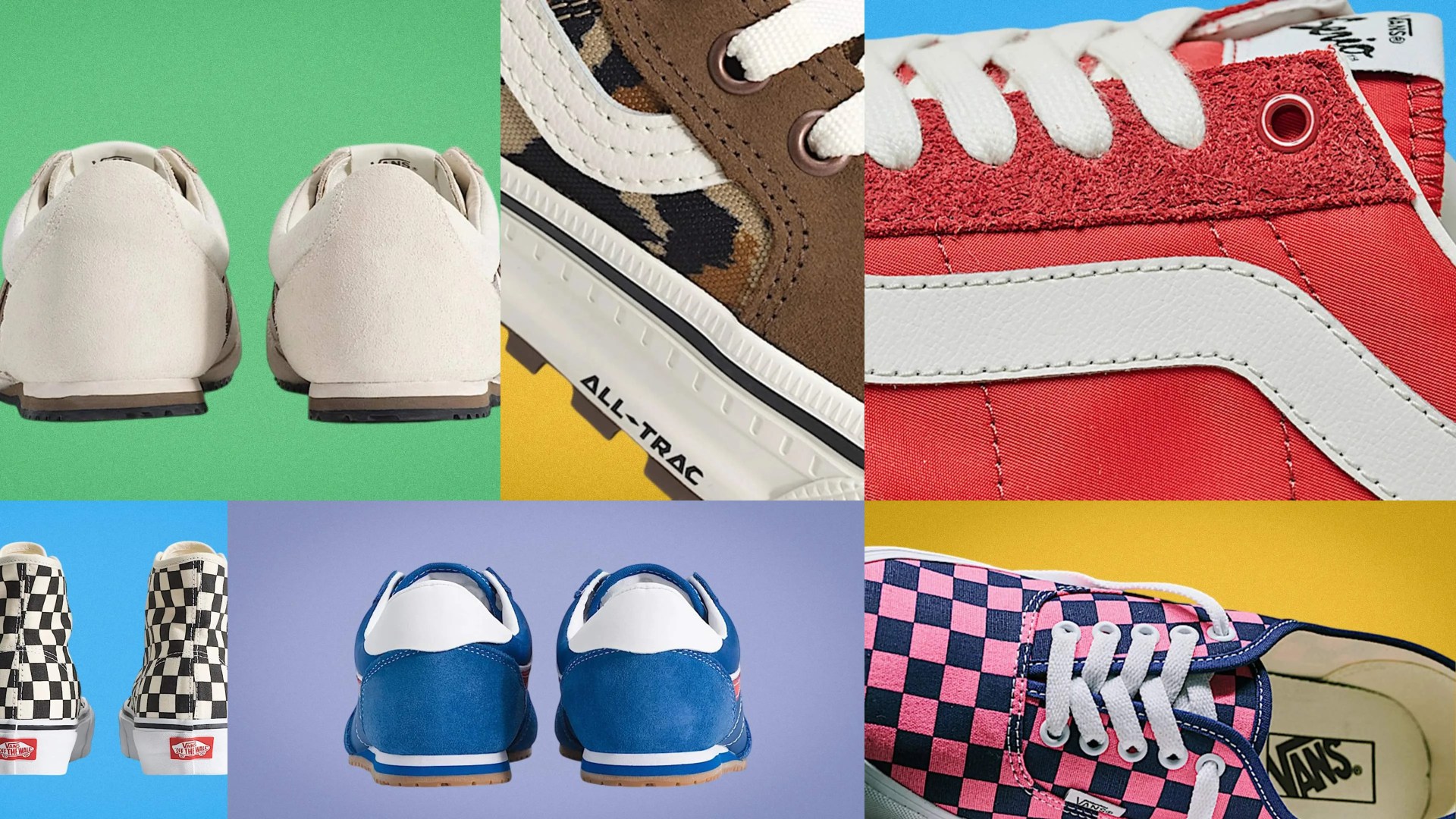 Six pairs of Vans sneakers shown in a collage: beige suede, brown camo with white stripe, red with white stripe, black and white checkerboard high-tops, blue suede with white heel, and pink and navy checkerboard low-tops.