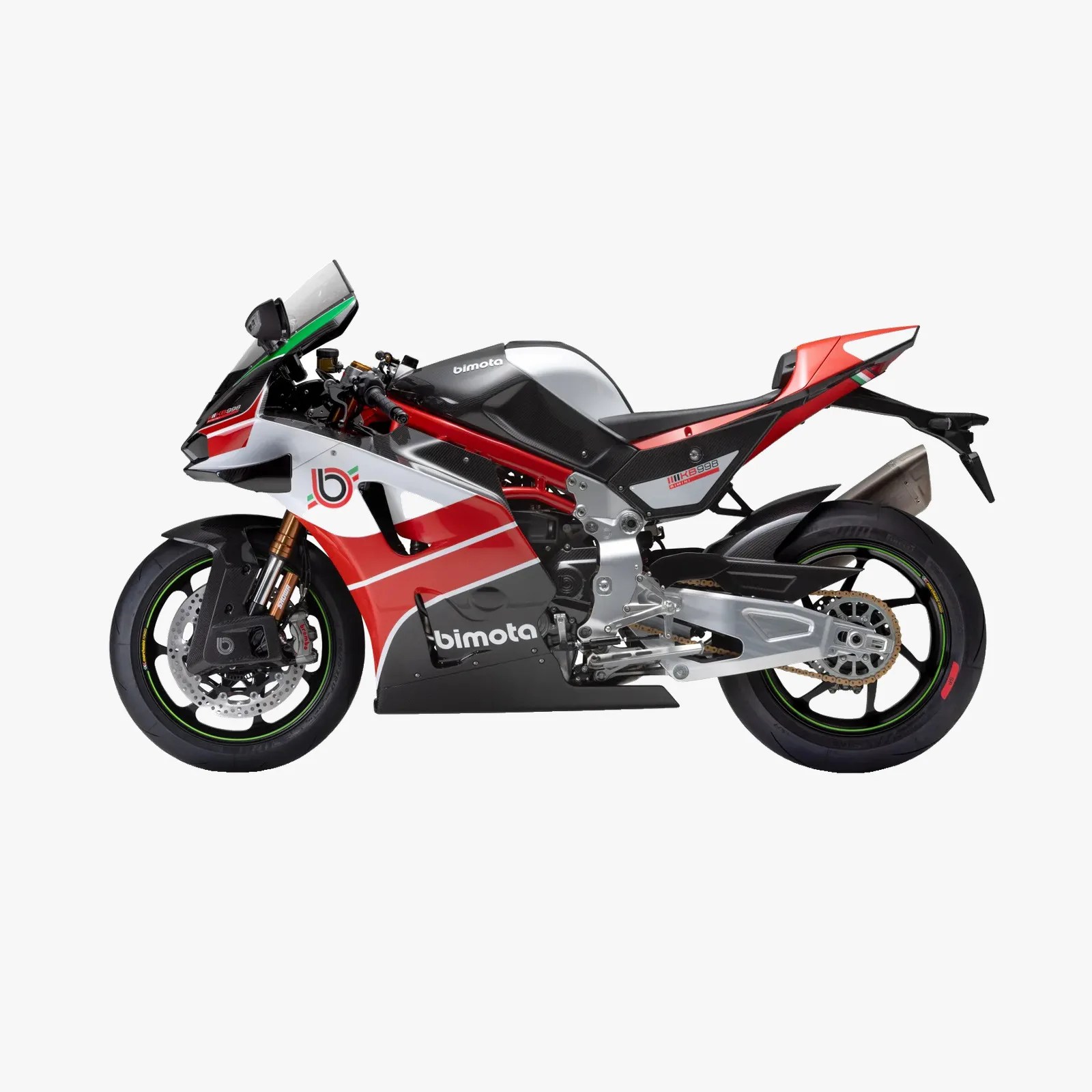 Red, white, and black Bimota KB998 sport motorcycle with carbon fiber accents and green rim stripes.