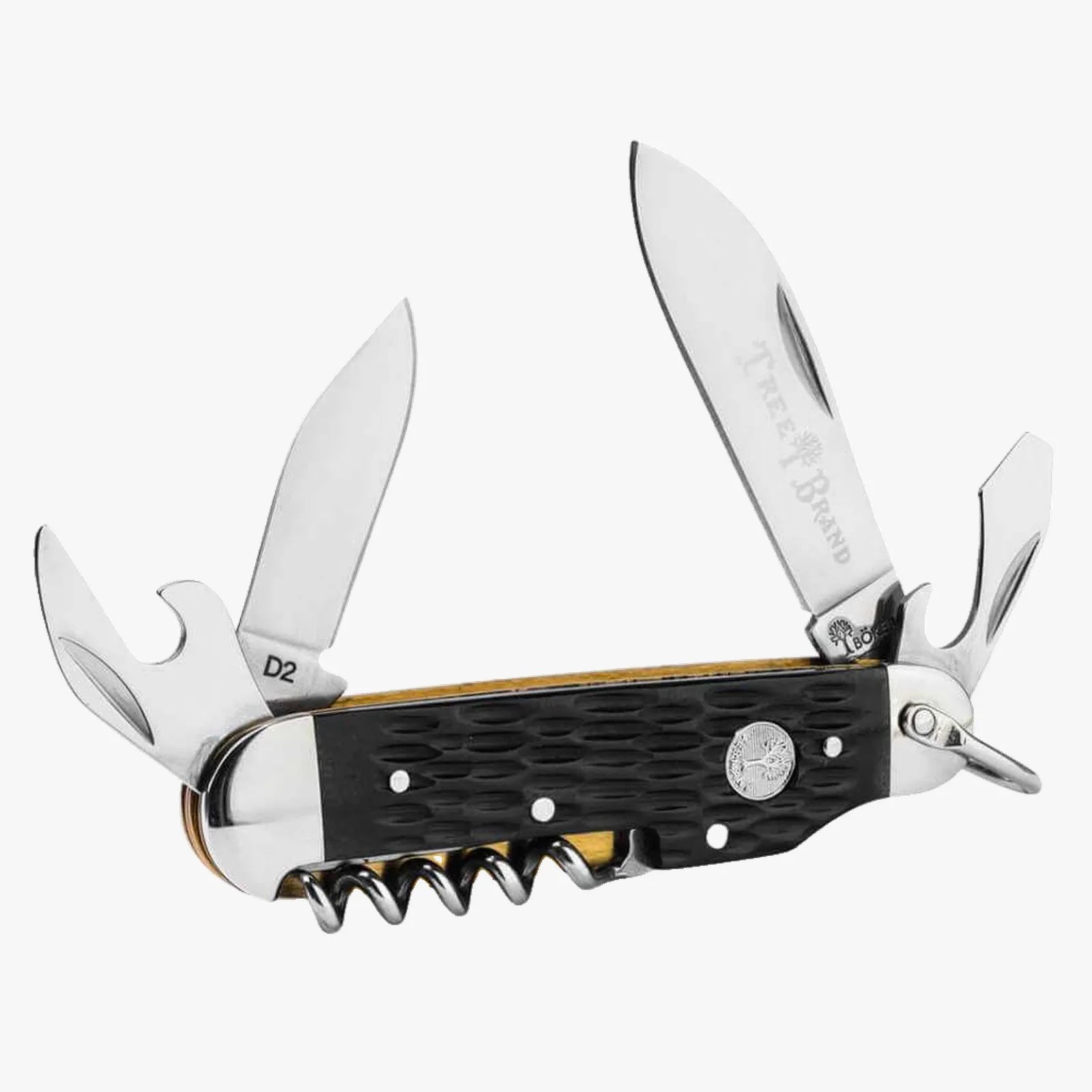 Black-handled multi-tool pocket knife with four open blades and a corkscrew.