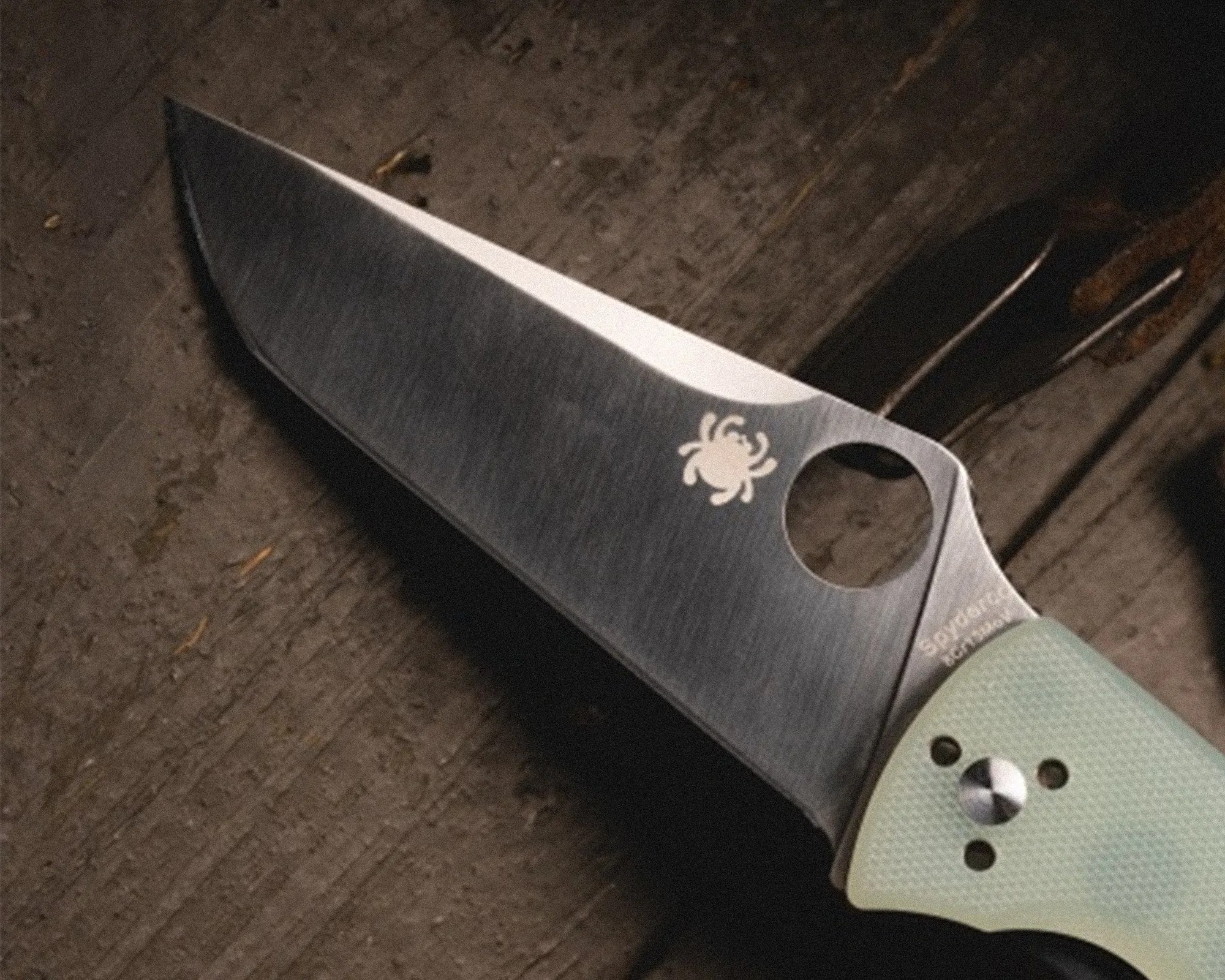 Close-up of a Spyderco folding knife blade with a spider logo and a light green textured handle on a wooden surface.