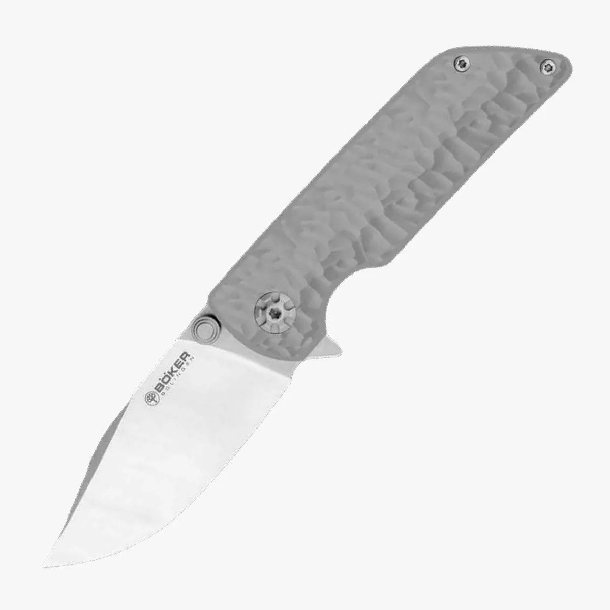 Folding knife with a textured gray handle and a stainless steel blade marked "Böker Germany.