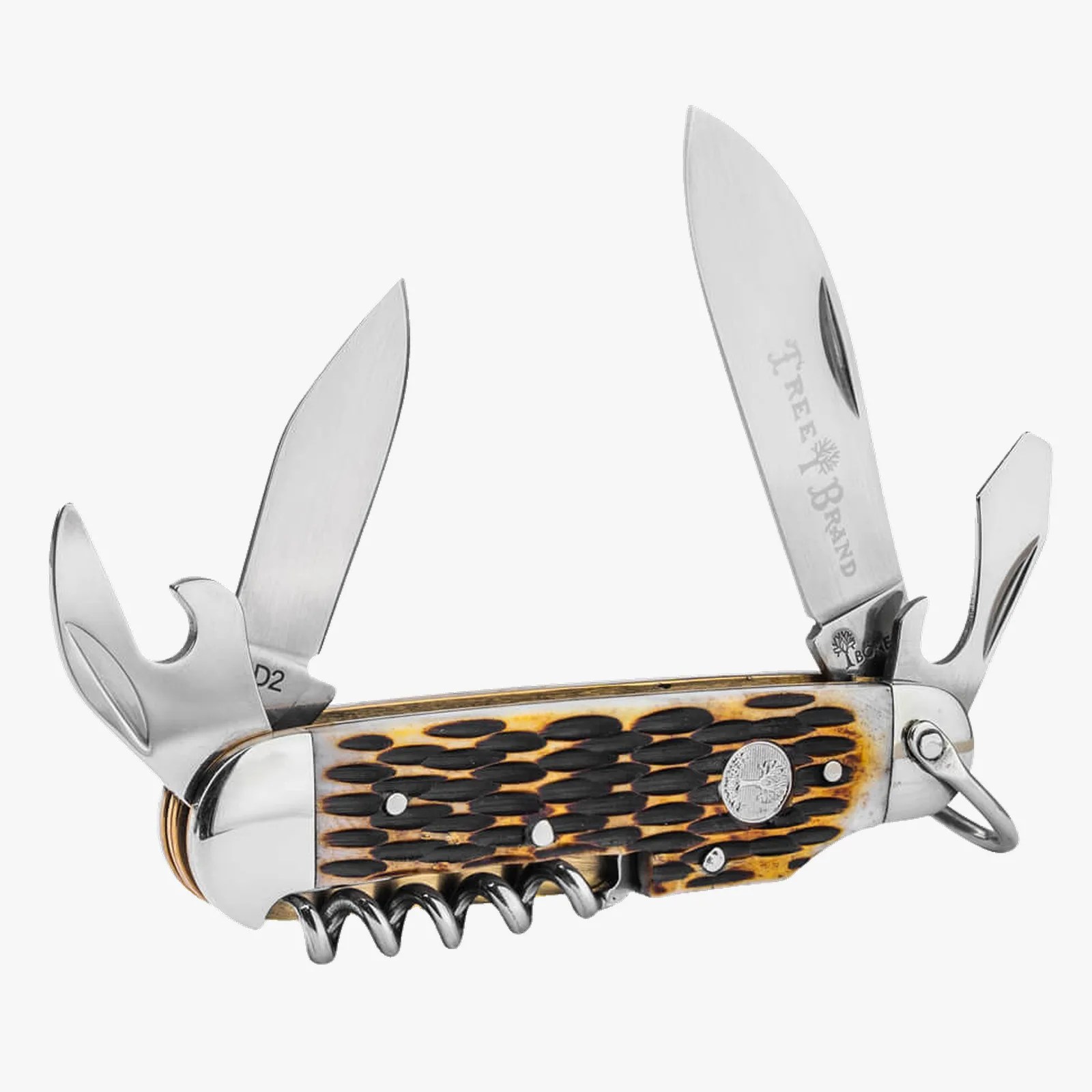 Multi-tool pocket knife with two blades, bottle opener, corkscrew, and textured brown handle.
