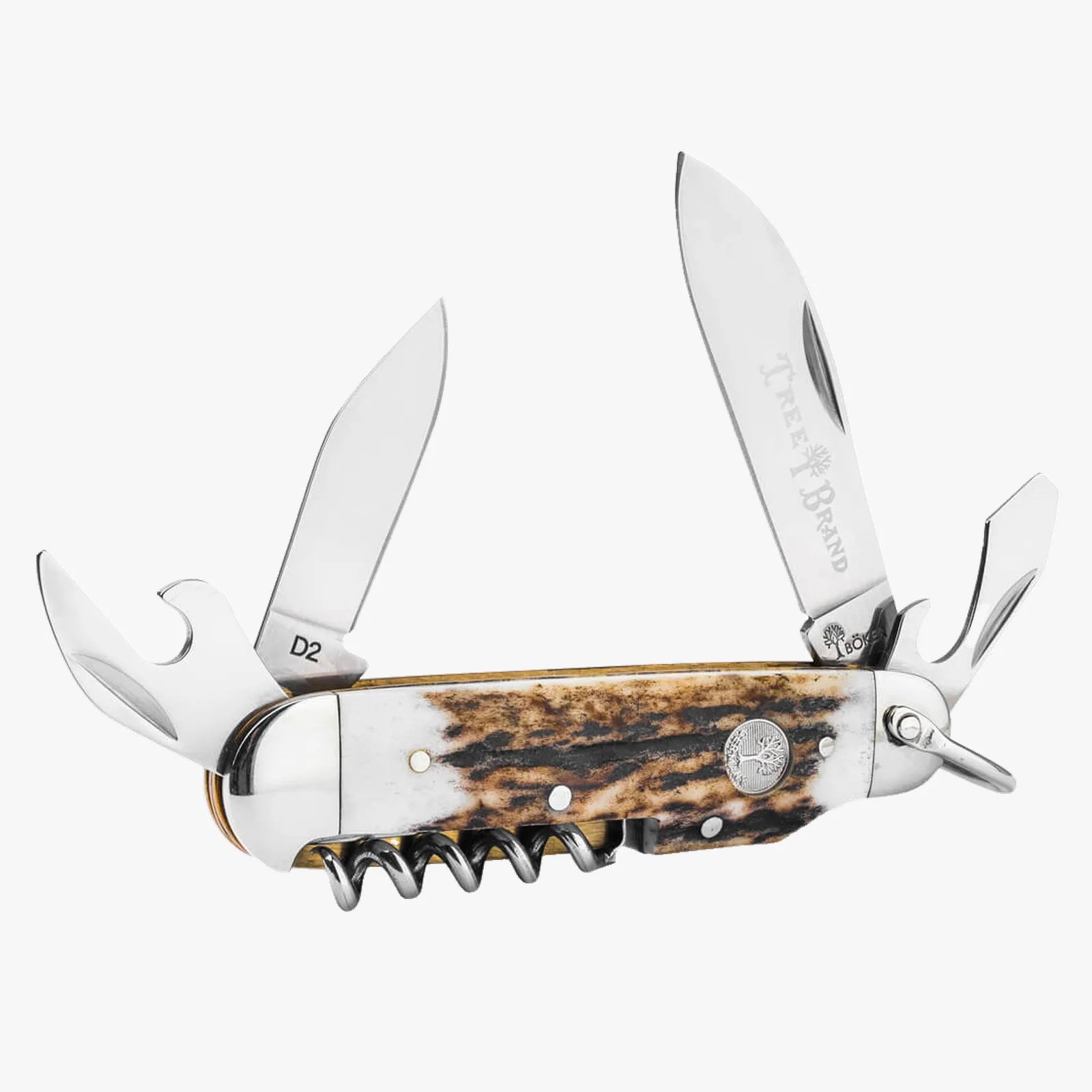 Multi-tool pocket knife with stag handle, multiple stainless steel blades, corkscrew, and bottle opener.