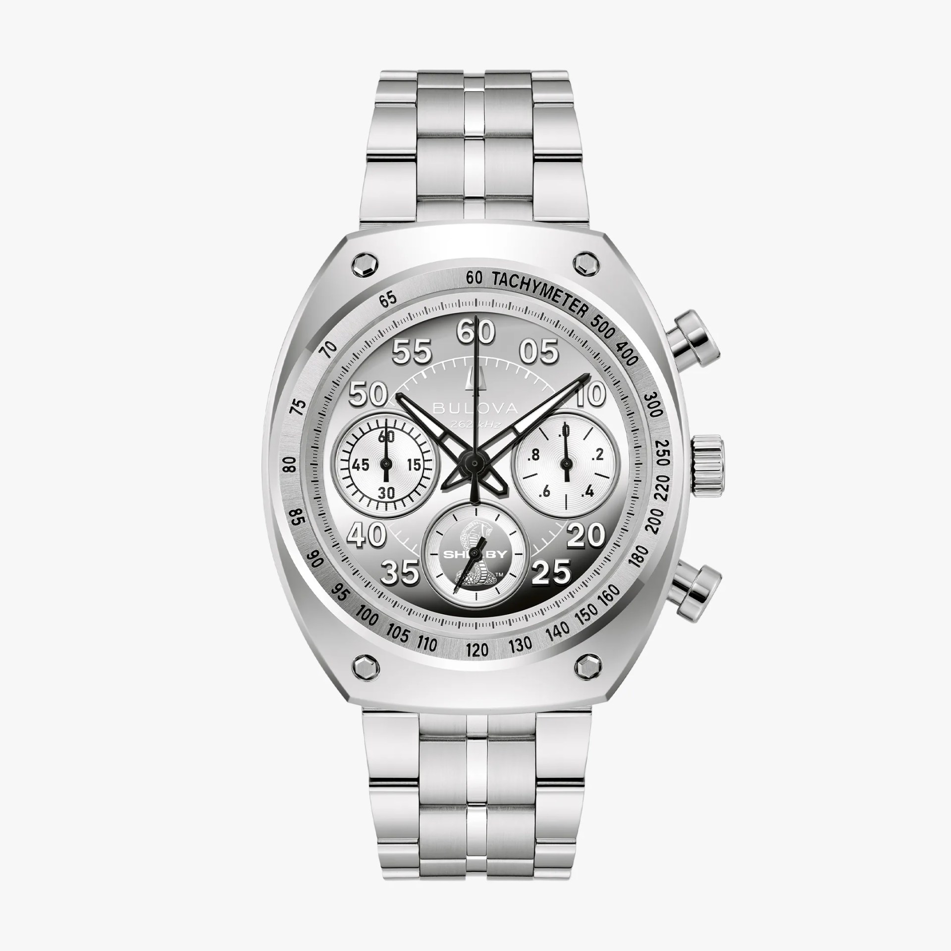 Silver stainless steel Bulova chronograph watch with tachymeter bezel and Shelby logo on dial.
