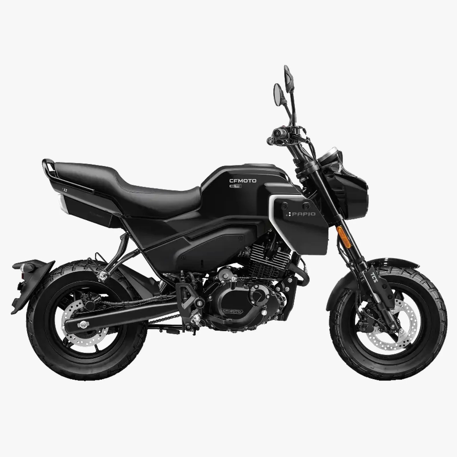 Black CFMOTO CL1 motorcycle with dual rearview mirrors and disc brakes on white background.