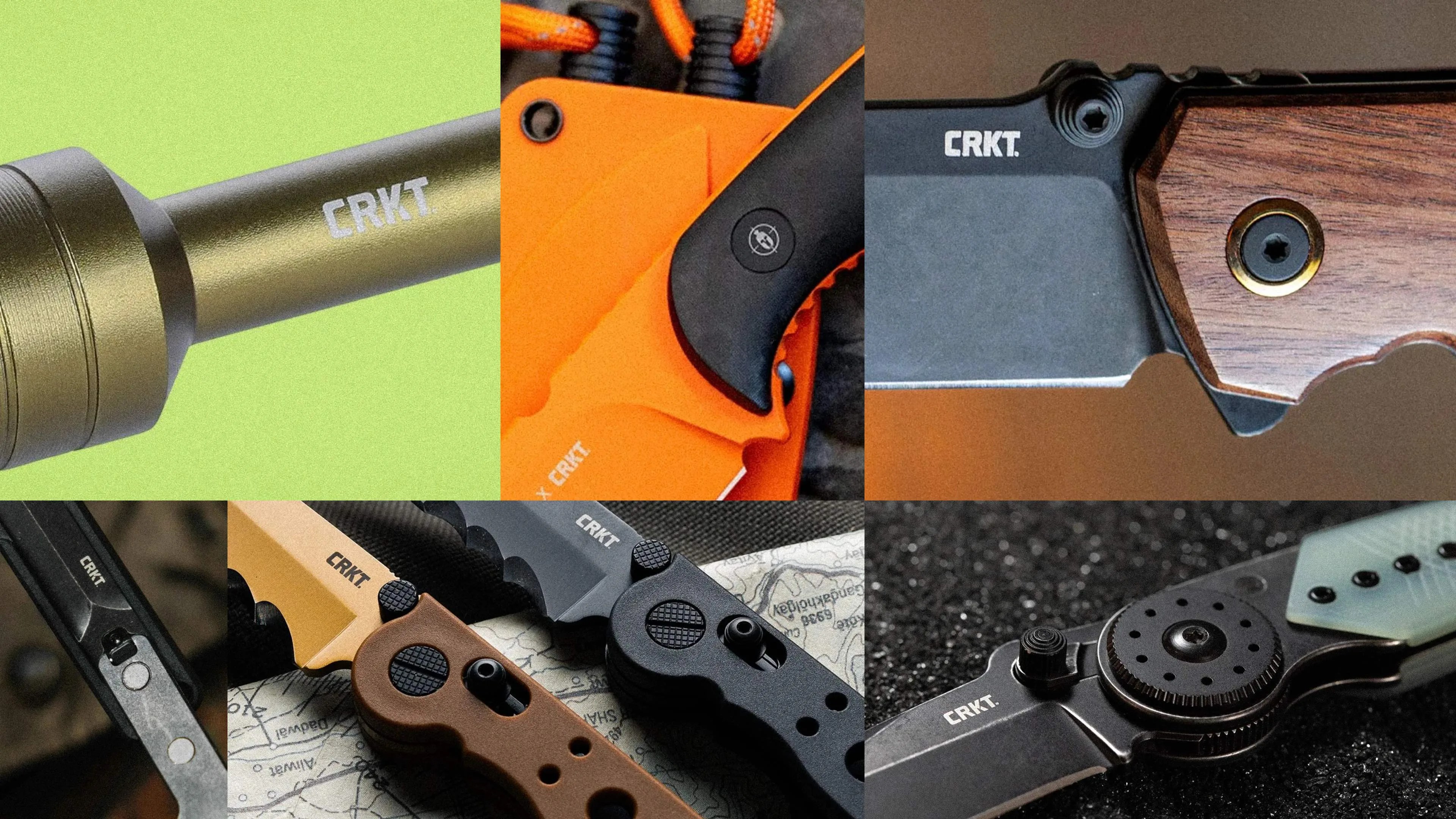 Collage of close-up images showing CRKT branded knives and a flashlight with various handle materials and blade designs.