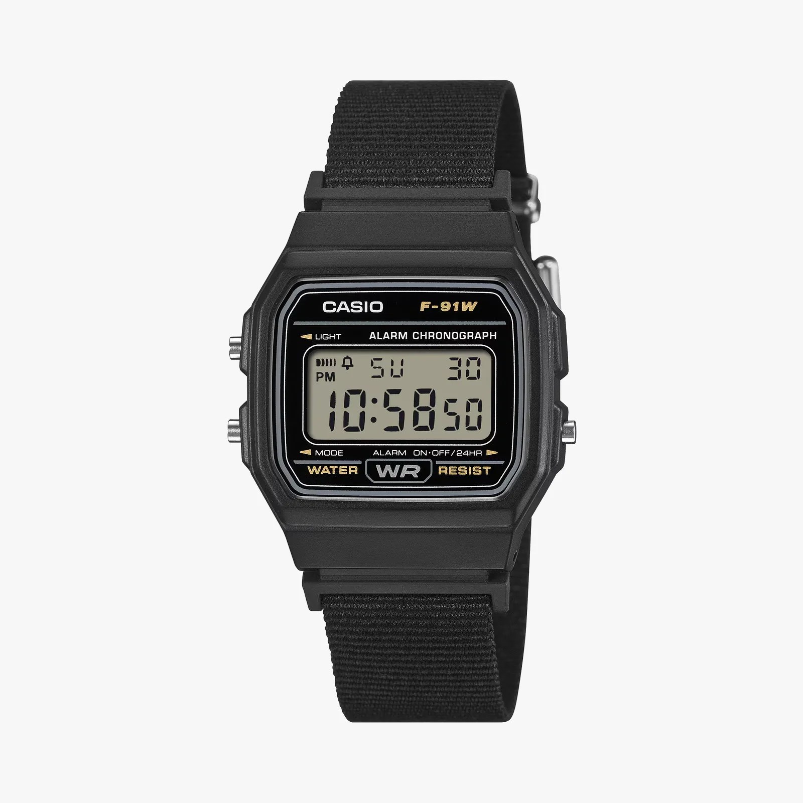 Black Casio F-91W digital watch with rectangular face and black fabric strap.