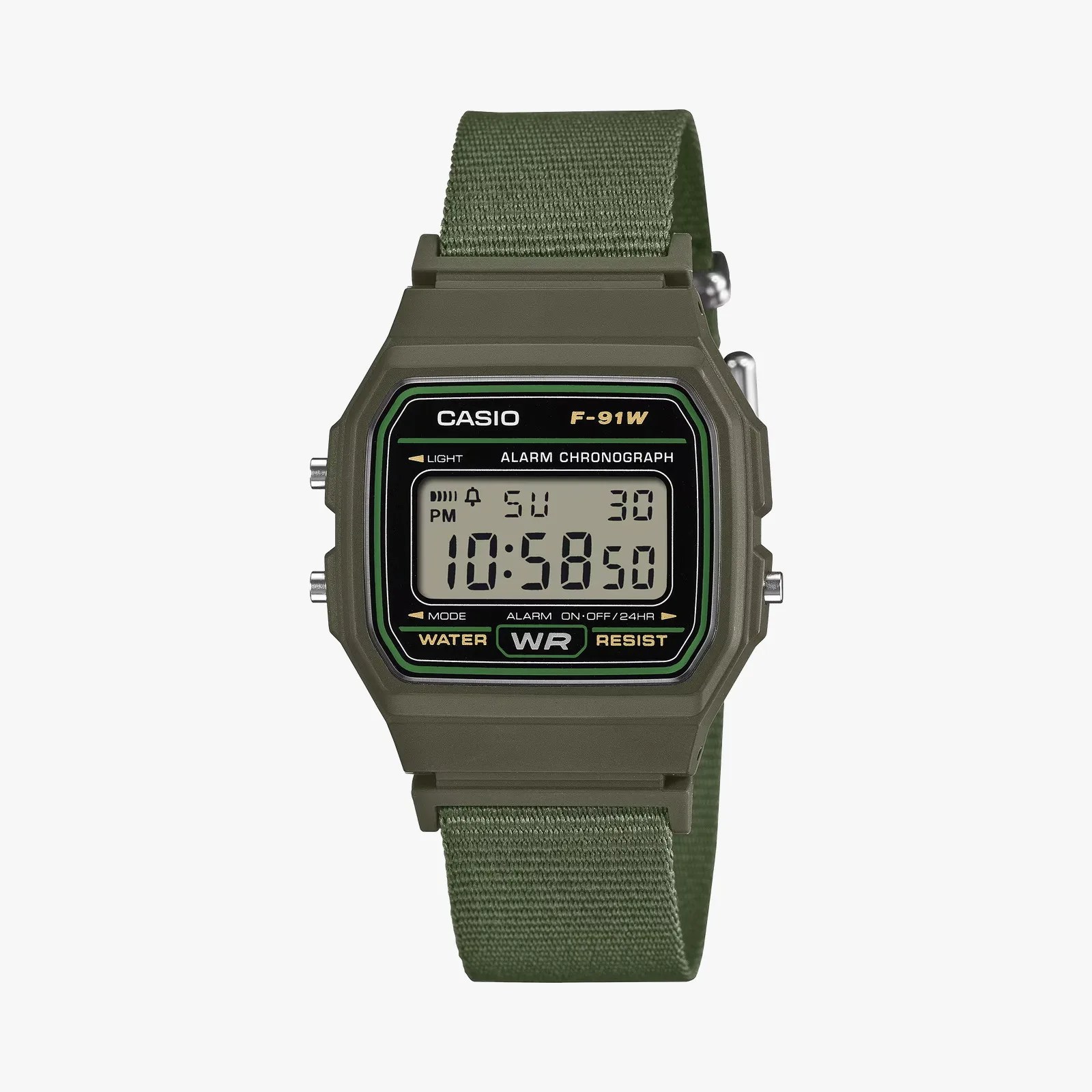 Digital Casio F-91W watch with olive green resin case and matching fabric strap.