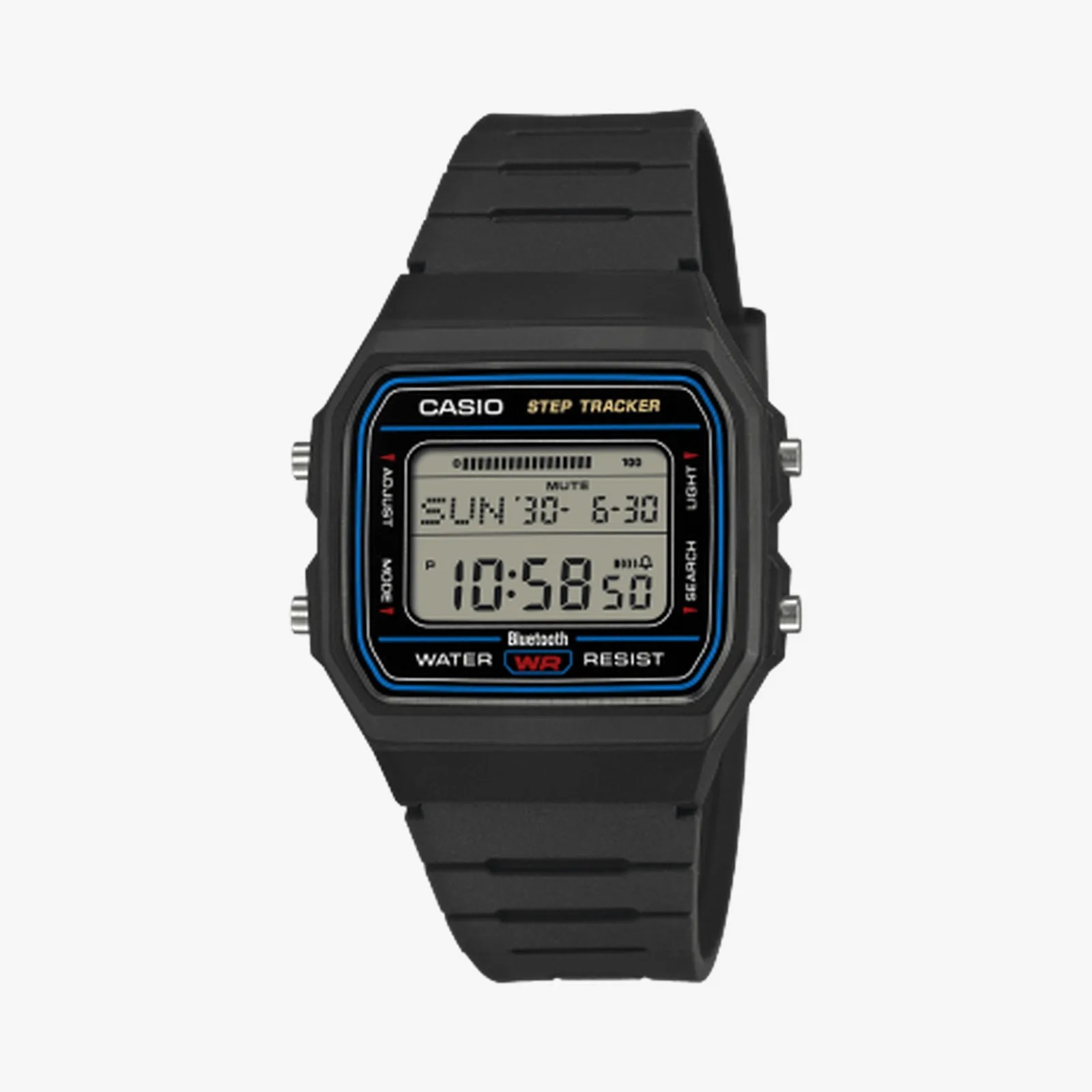 Black Casio digital wristwatch with step tracker, rectangular face, and black resin strap.