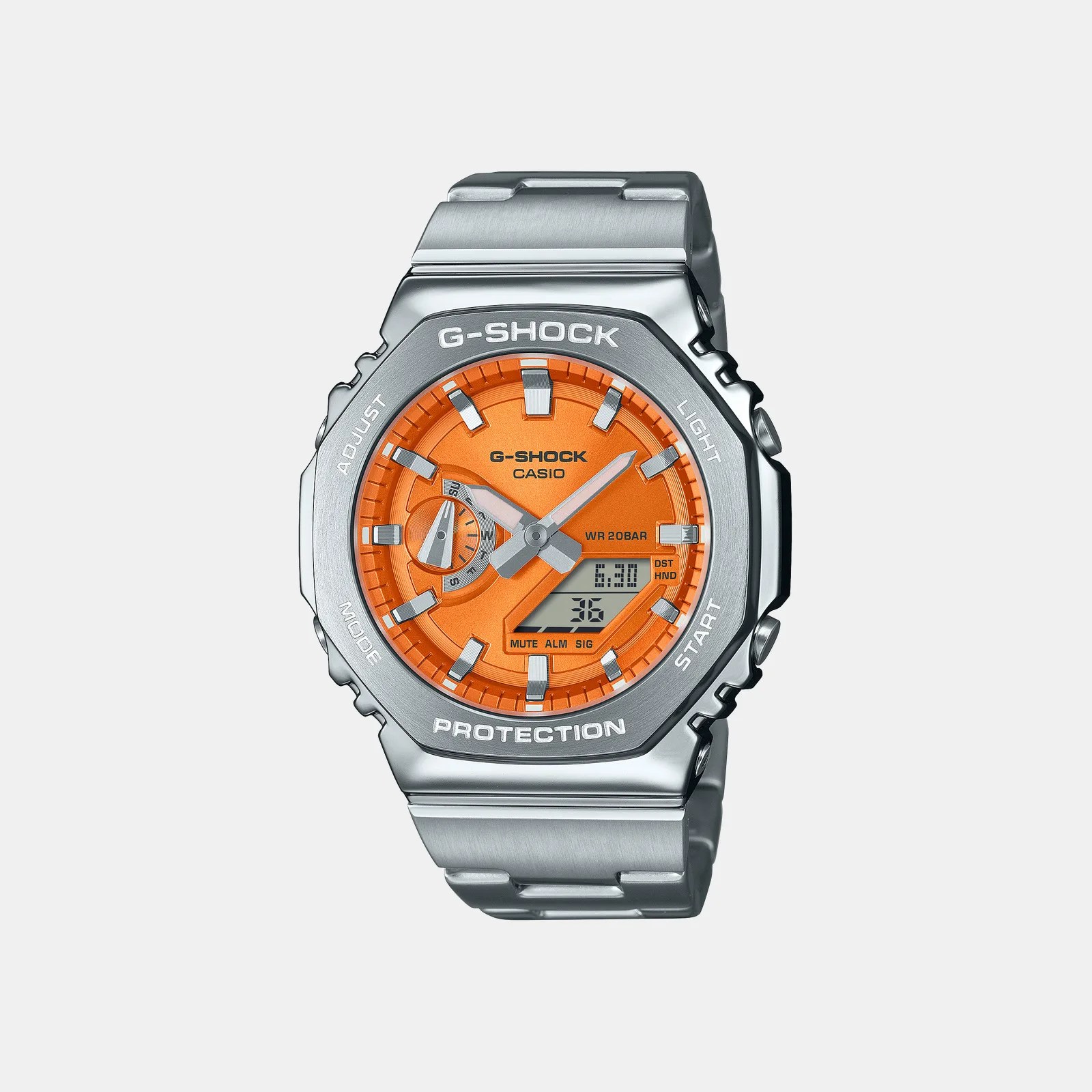 Silver metal Casio G-Shock watch with an orange analog-digital dial and a stainless steel band.