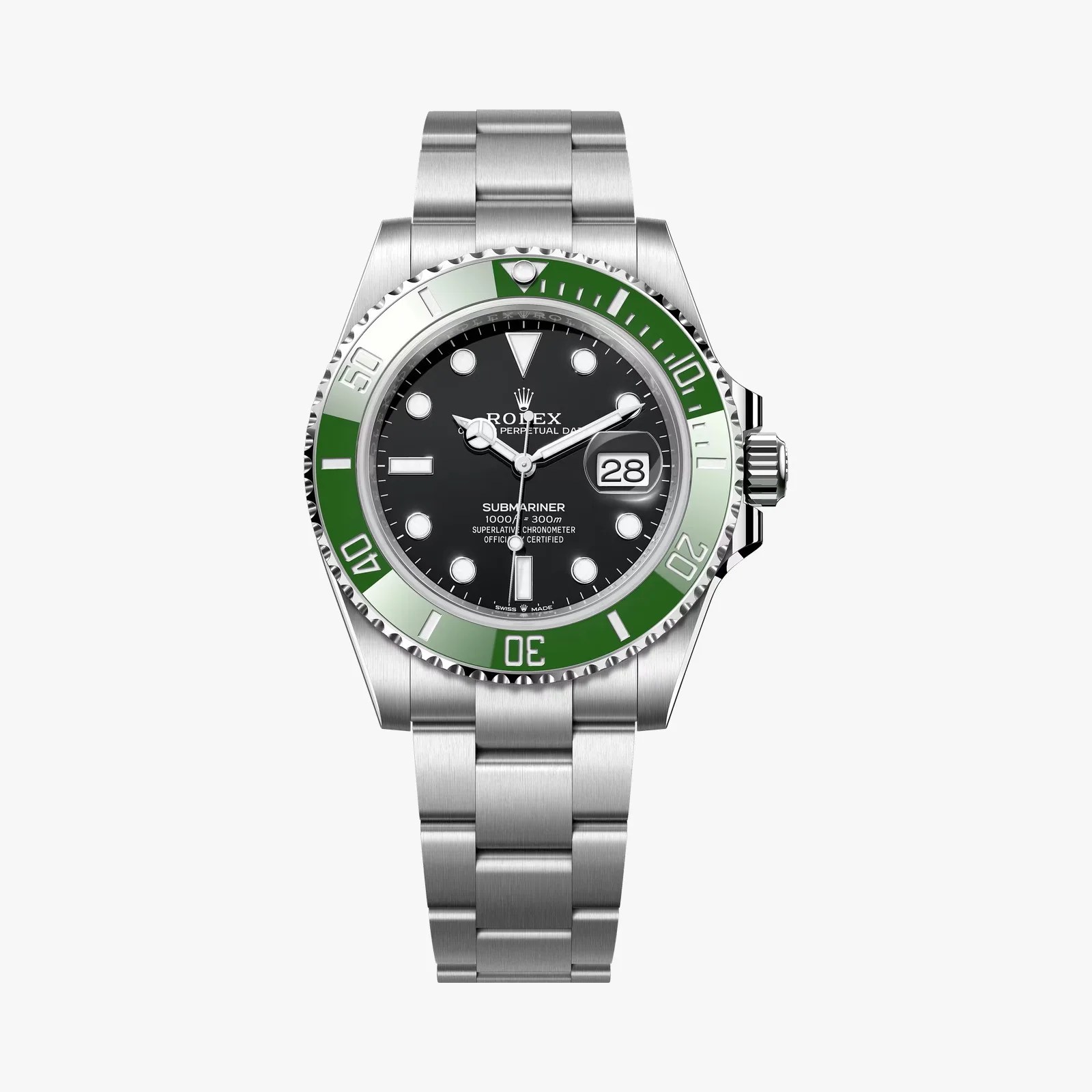 Stainless steel Rolex Submariner watch with black dial, green and silver bezel, and date display at 3 o'clock.