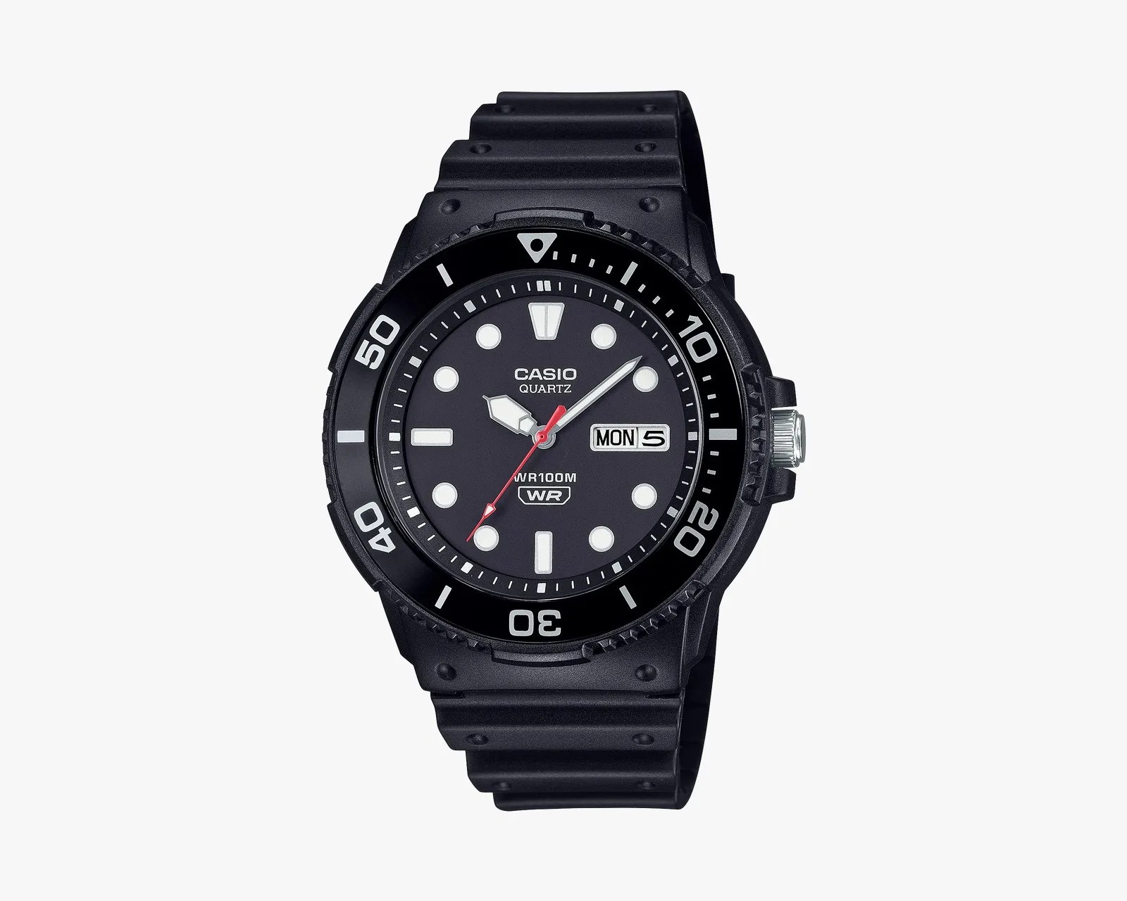 Black Casio quartz wristwatch with round dial, white markers, date display, and black resin strap.