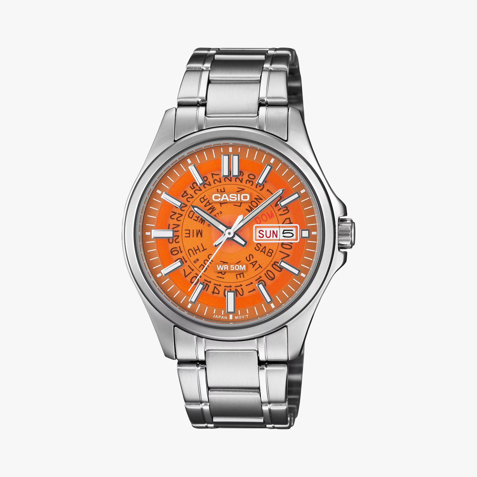 Turuncu kadranlı, metal bilezikli Casio MTP-E740 kol saati
