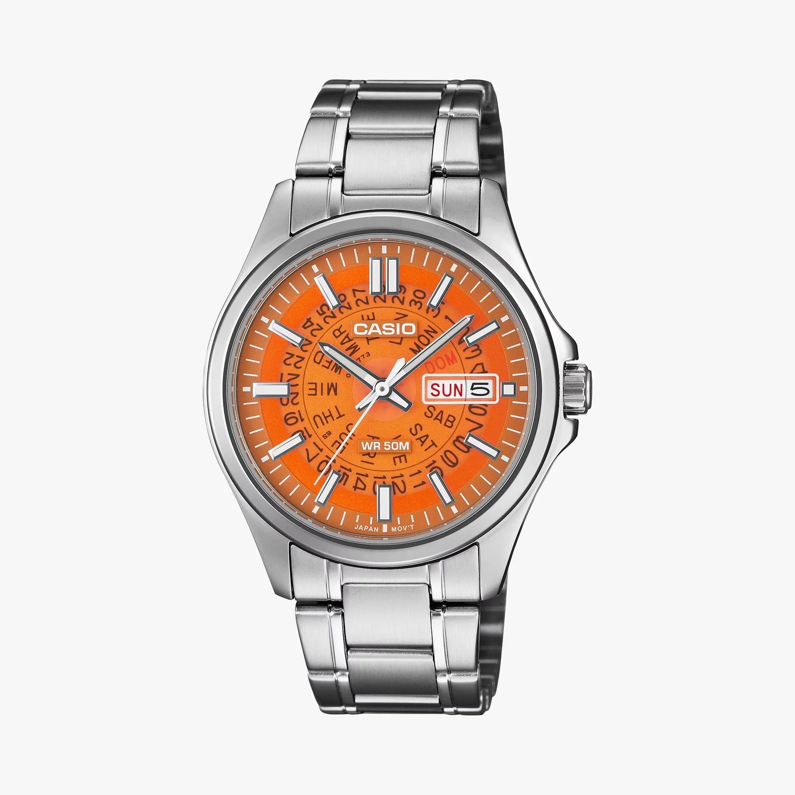 Silver Casio wristwatch with an orange dial, day-date display, and metal link bracelet.
