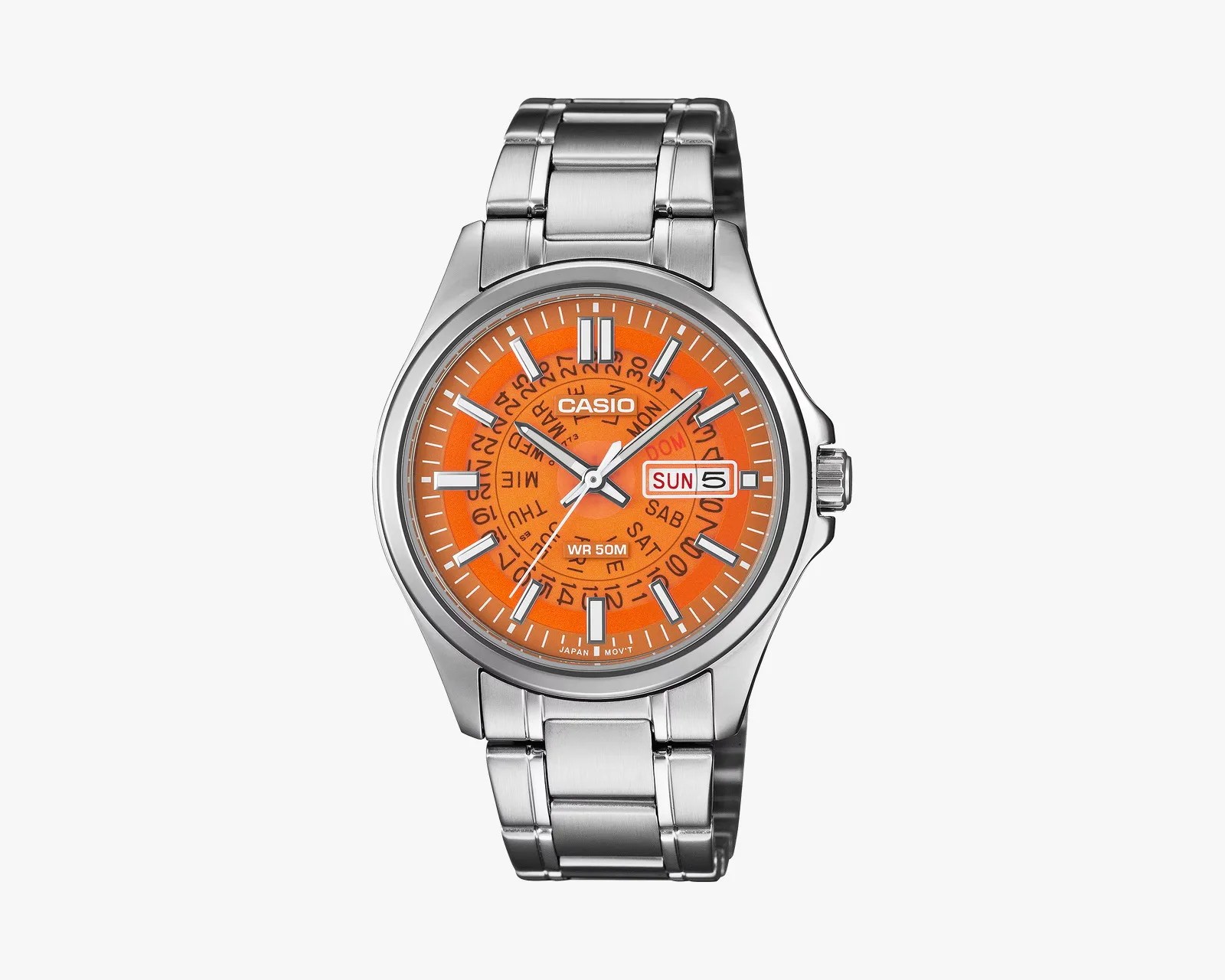 Silver Casio wristwatch with an orange dial, white hour markers, and a day-date display showing Sunday the 5th.