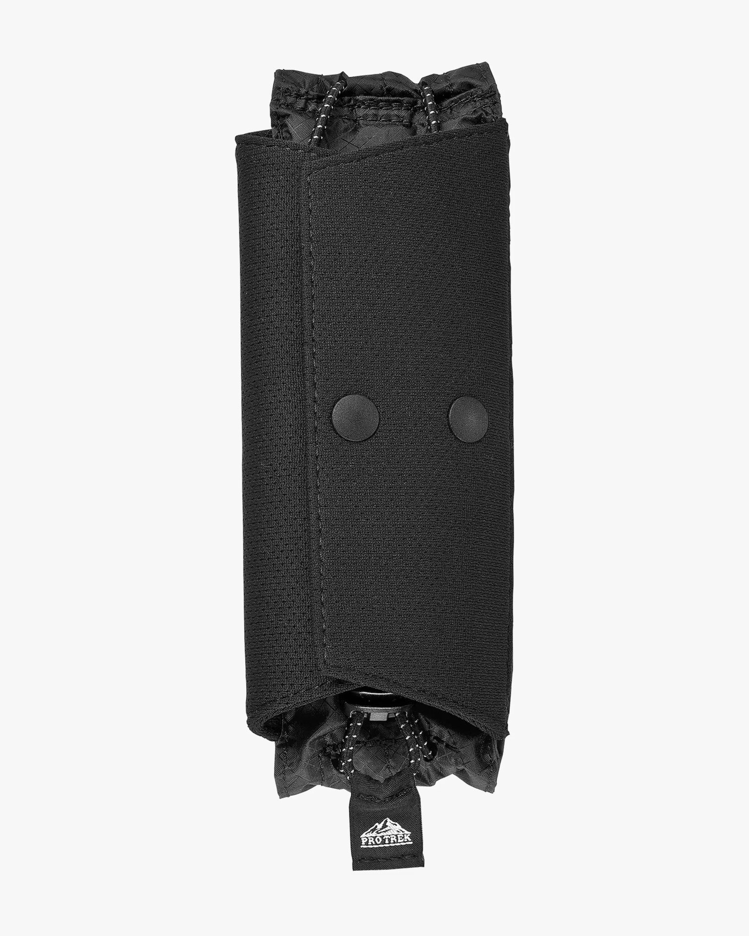Black fabric pouch with snap buttons and a drawstring closure, featuring a Pro Trek logo tag.