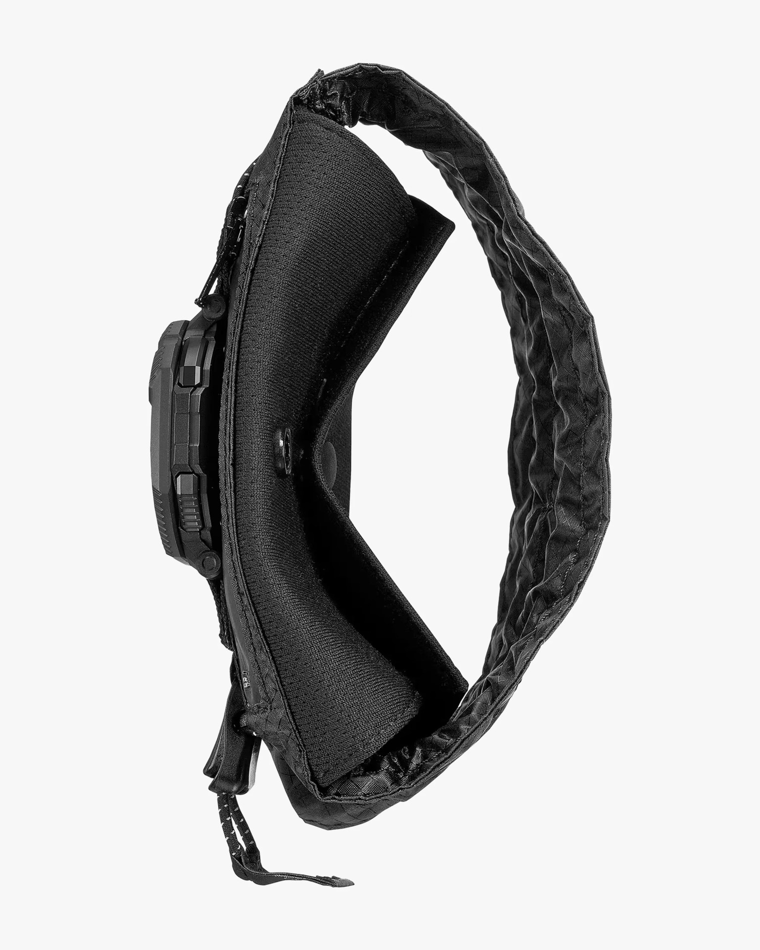 Black padded watch holder with a zipper and a strap looped in an oval shape.