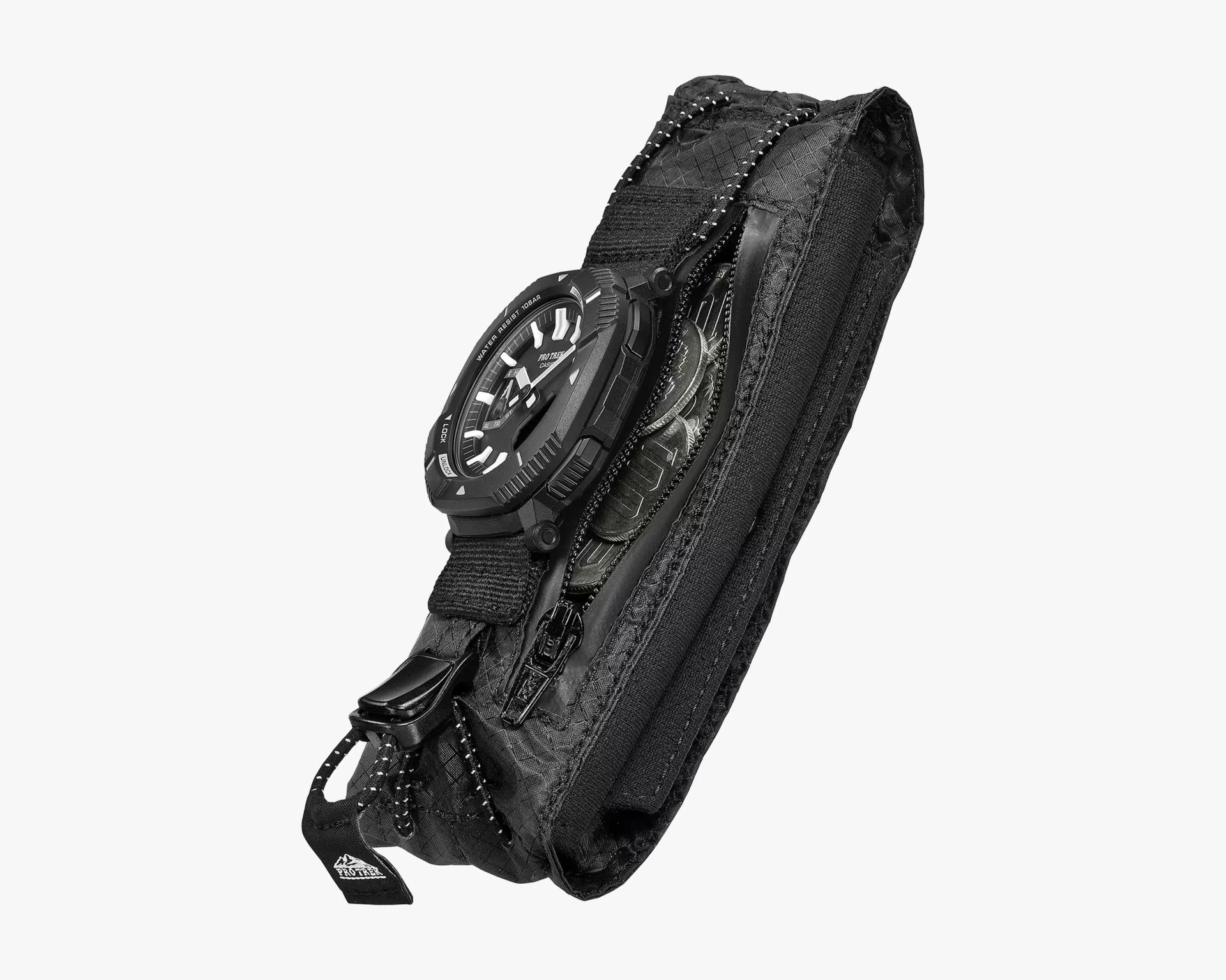 Black tactical pouch with a Casio Pro Trek watch attached and coins visible inside a partially open zipper pocket.