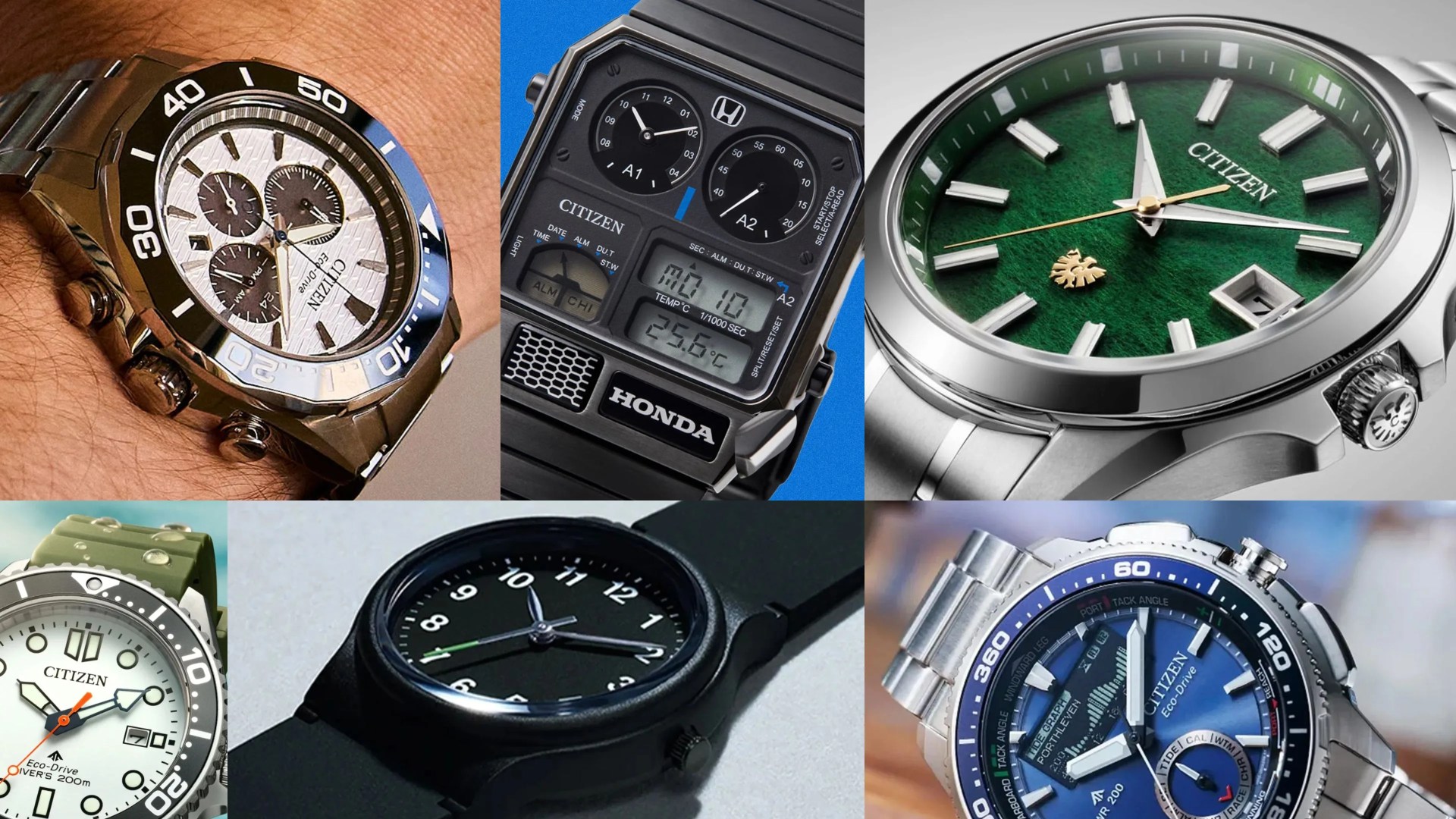 Six wristwatches including a silver chronograph, black digital Citizen Honda collaboration, green dial Citizen, white diver's watch, black analog watch, and blue chronograph with stainless steel bands.