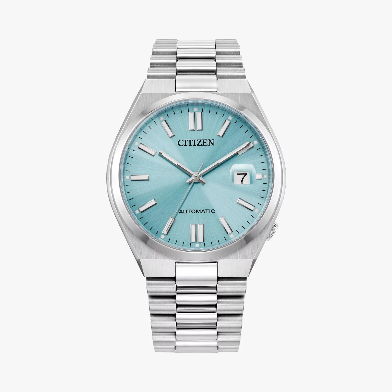 Silver Citizen automatic wristwatch with a light blue sunburst dial and date window at 3 o'clock.
