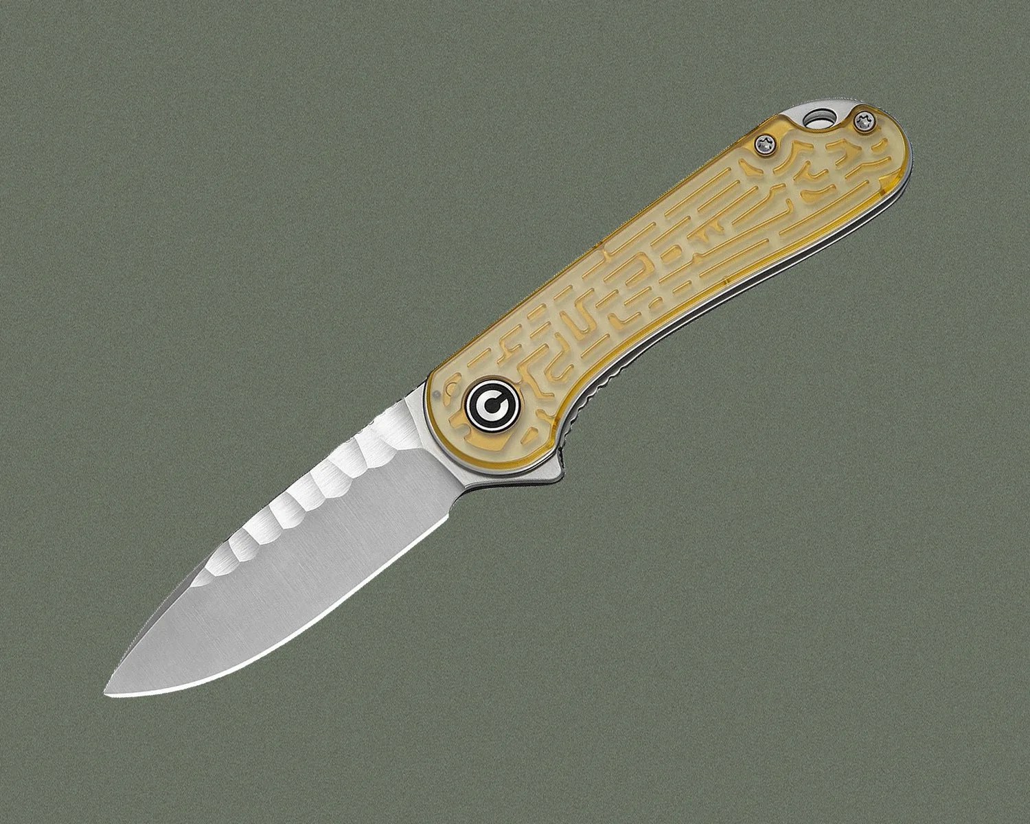 Folding knife with a silver blade and a translucent yellow handle featuring a maze-like pattern.