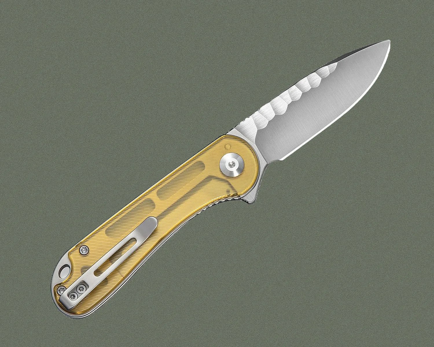 Folding knife with a silver blade and a translucent yellow handle featuring a metal clip.