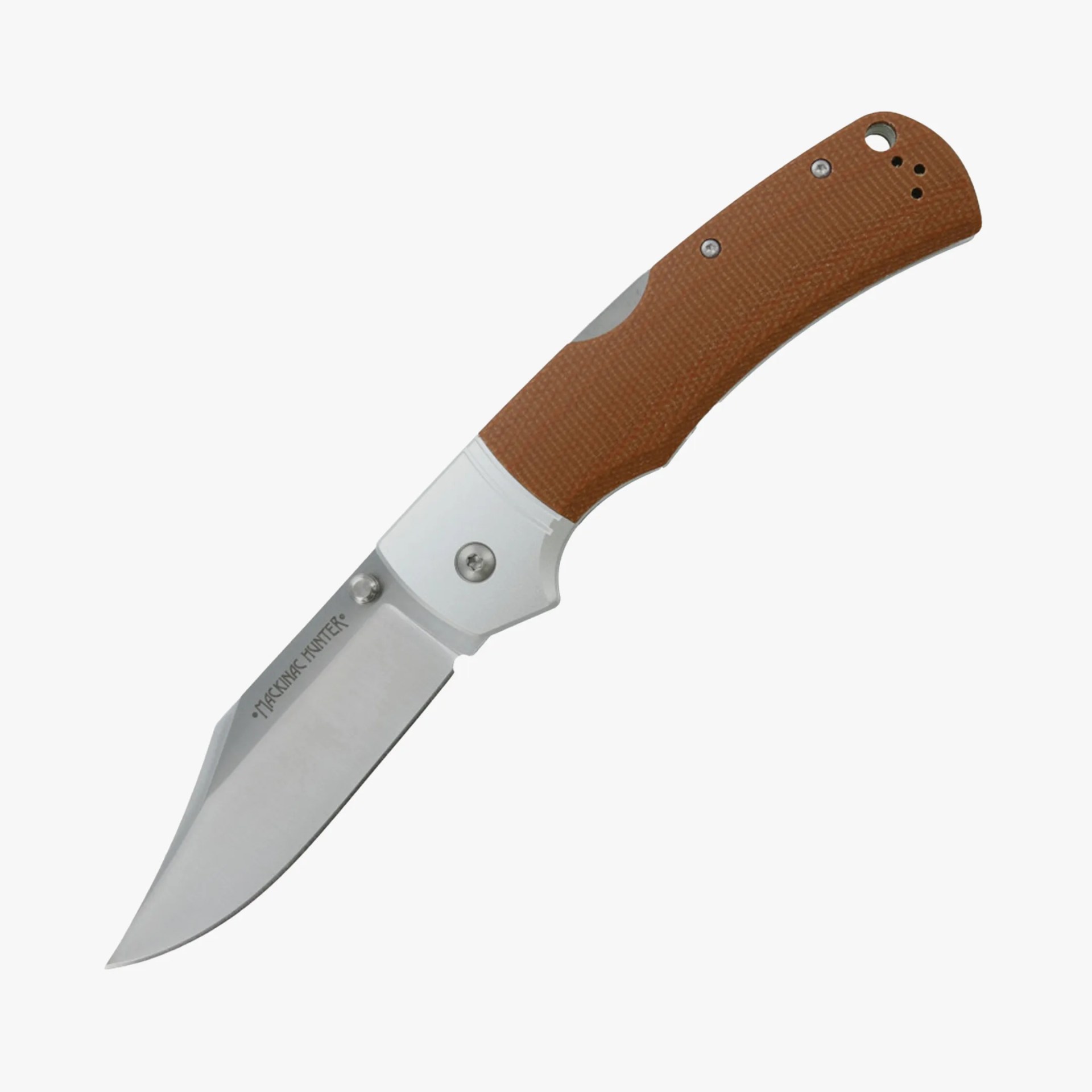 Folding knife with a stainless steel blade and brown textured handle.