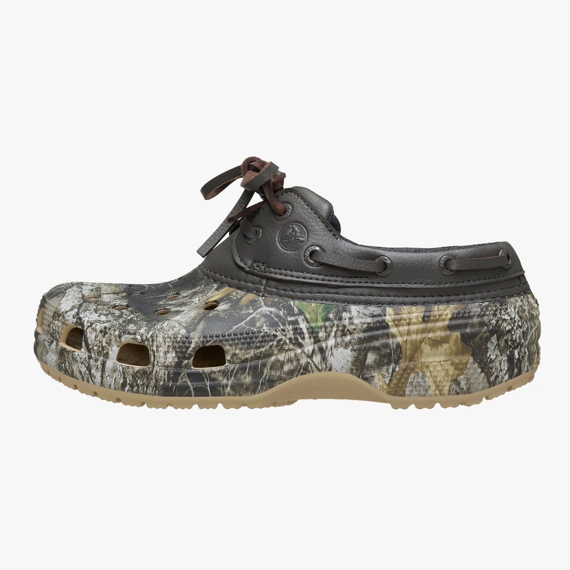 Camouflage-patterned clog with black leather collar and brown lace tie.
