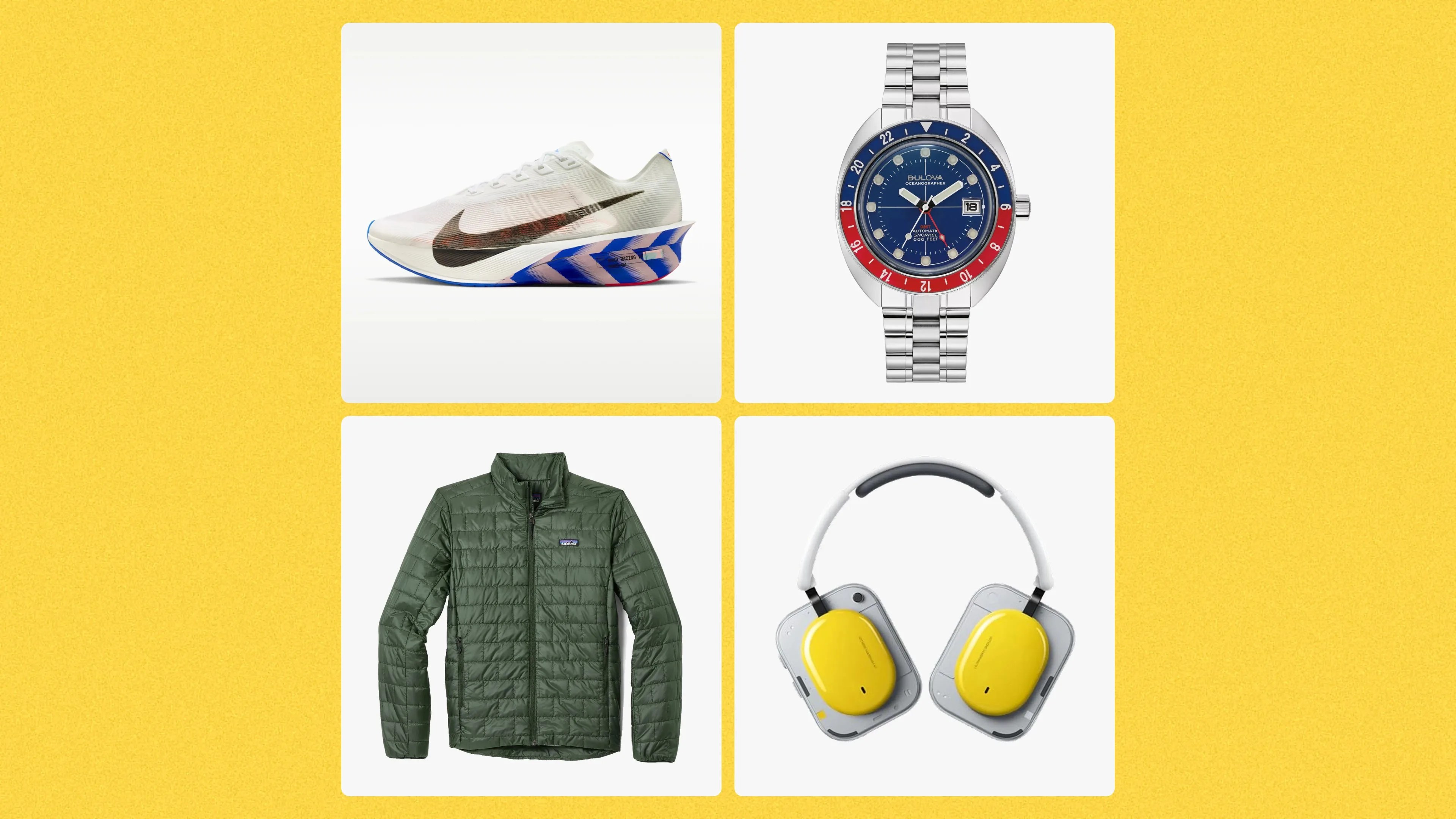 White Nike running shoe with black swoosh and blue and red patterned sole, silver and blue Bulova wristwatch with red and blue bezel, olive green quilted jacket, and yellow over-ear headphones with gray accents.