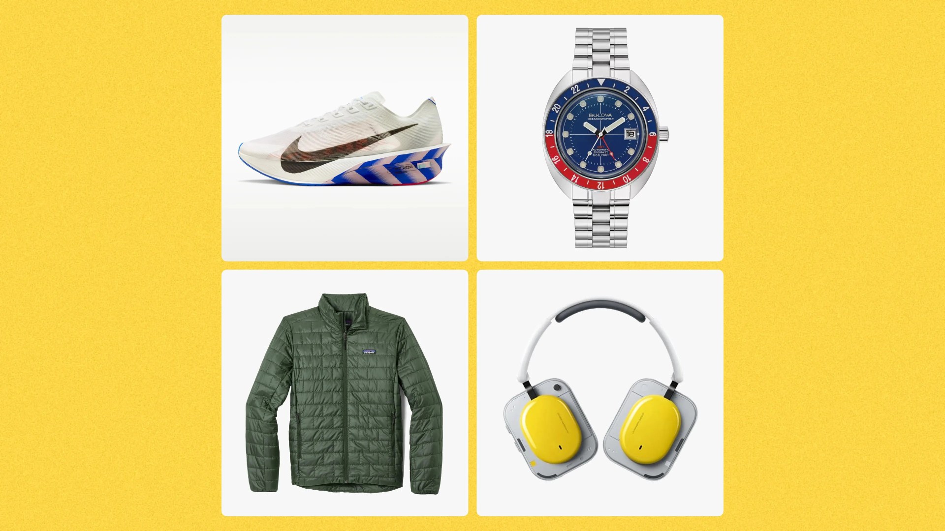 White Nike running shoe with black swoosh and blue and red patterned sole, silver and blue Bulova wristwatch with red and blue bezel, olive green quilted jacket, and yellow over-ear headphones with gray accents.