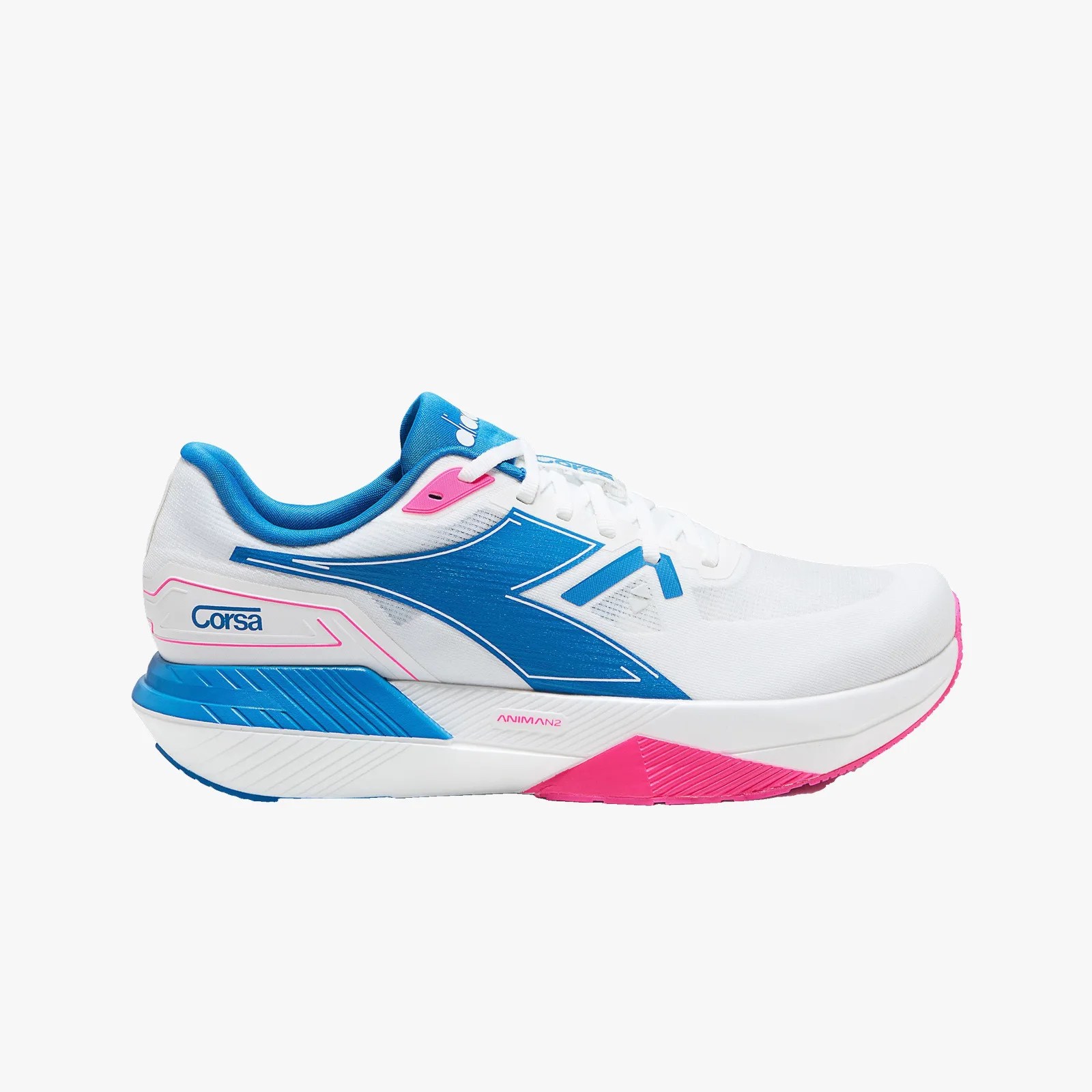 White running shoe with blue and pink accents, blue logo, and "Corsa" text on the heel.