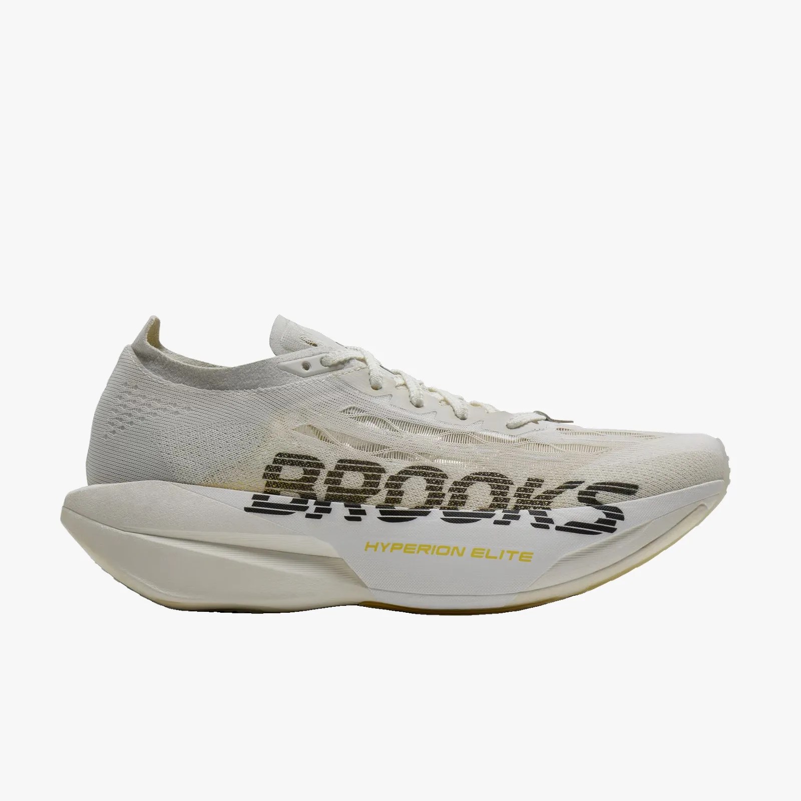 White Brooks Hyperion Elite running shoe with black and yellow branding and a thick cushioned sole.