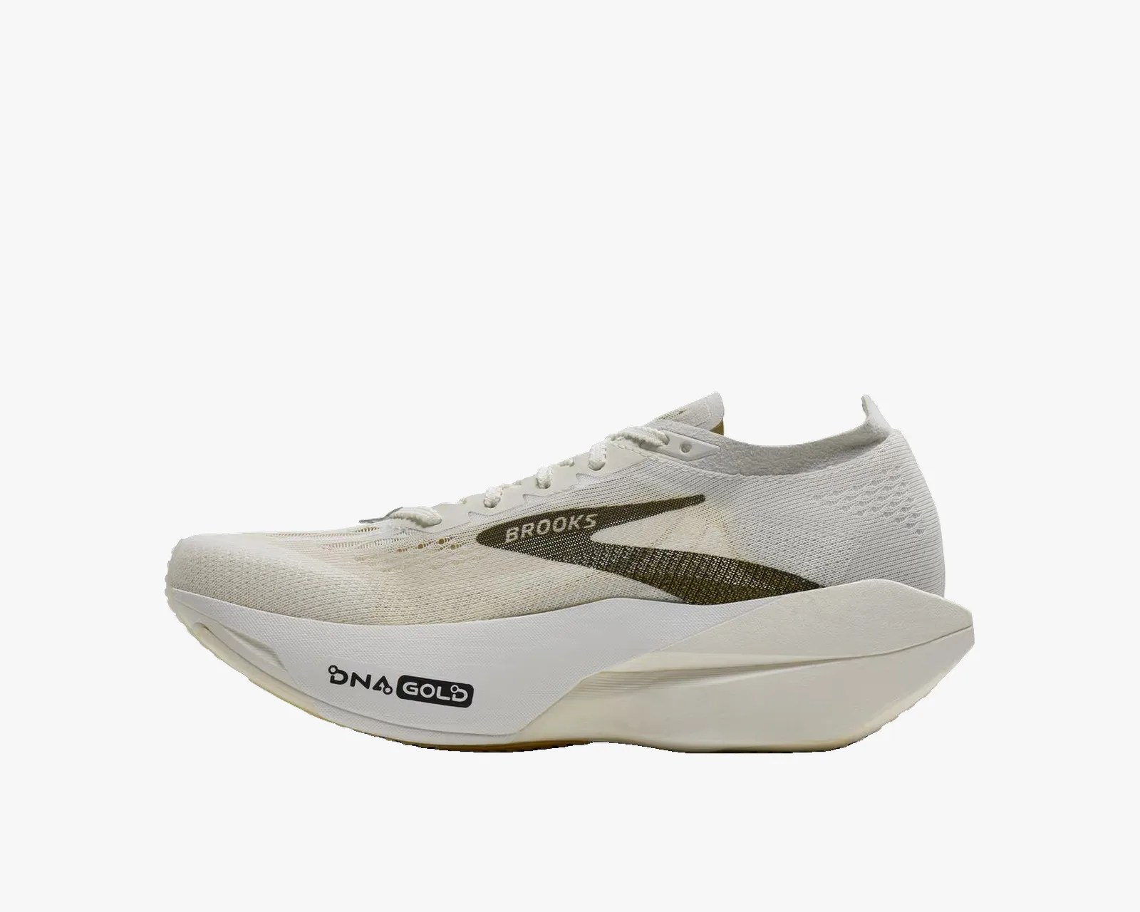 White Brooks running shoe with black logo and thick cushioned sole labeled "DNA GOLD.