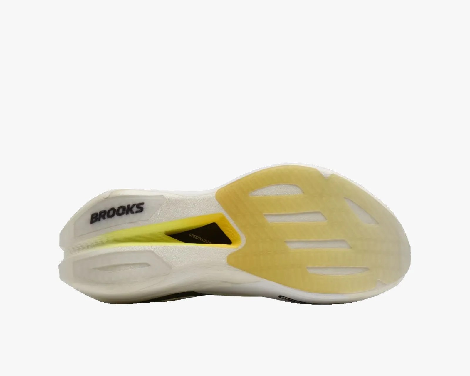 White and yellow Brooks running shoe sole with "SPEEDVAULT" text in black triangle near the arch.